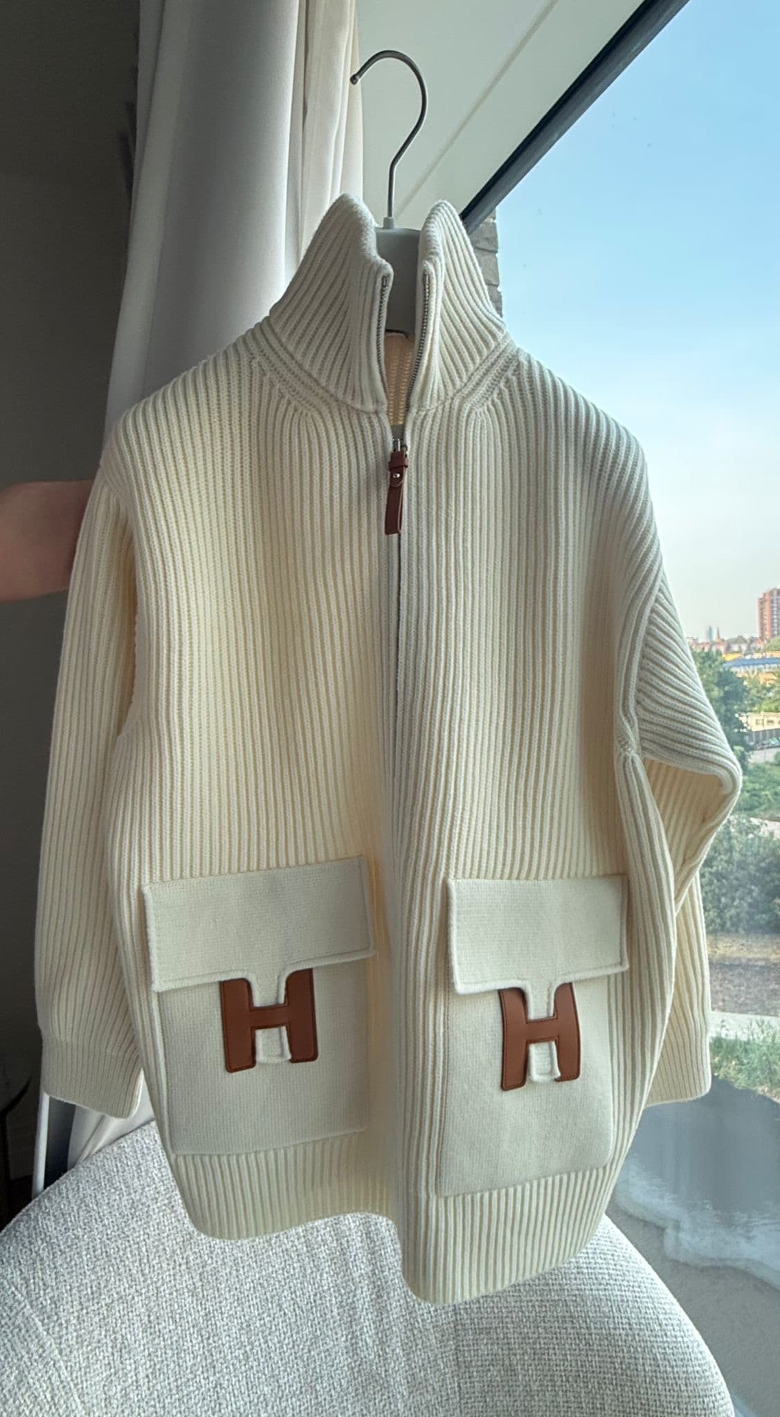 Hermès Other Not visible in Craie N/A - Knit fabric Leather zipper pull hardware — front view