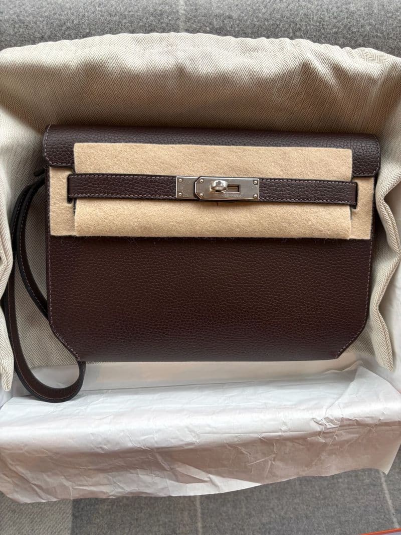 Hermès Kelly Depeches in Ebene Galop PHW hardware — front view