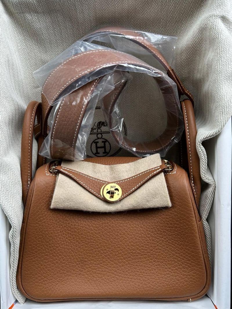 Hermès Mini Lindy in Gold TC GHW hardware — front view