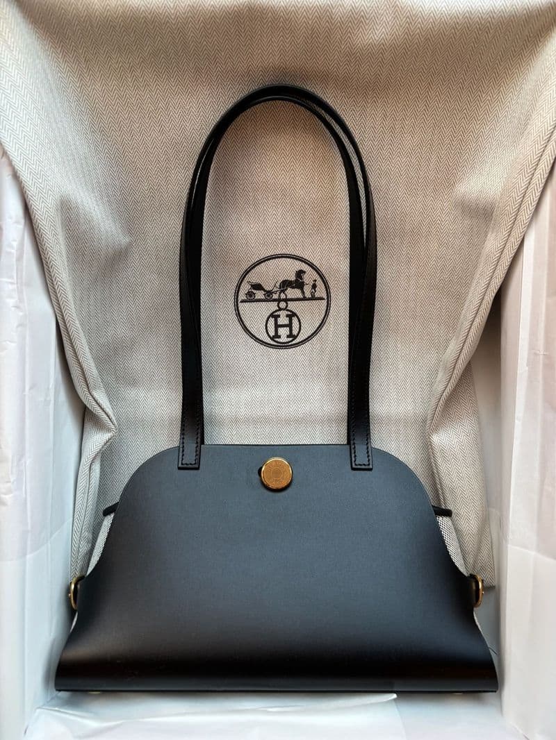 Hermès Tablier Sellier in Black Hunter + Swift + Toile GHW hardware — front view