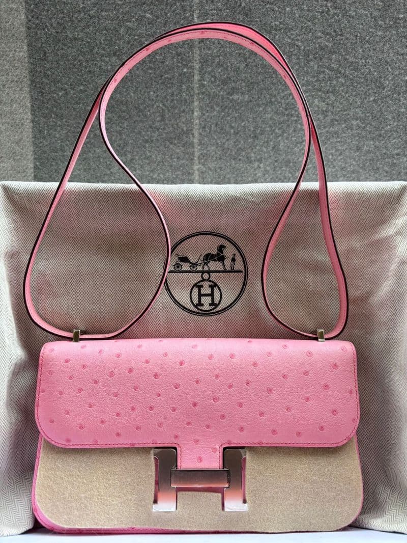 Hermès Constance Elan in Bubblegum Ostrich PHW hardware — front view