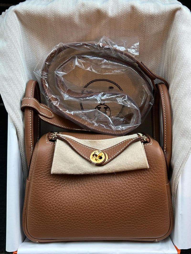 Hermès Mini Lindy in Gold TC GHW hardware — front view