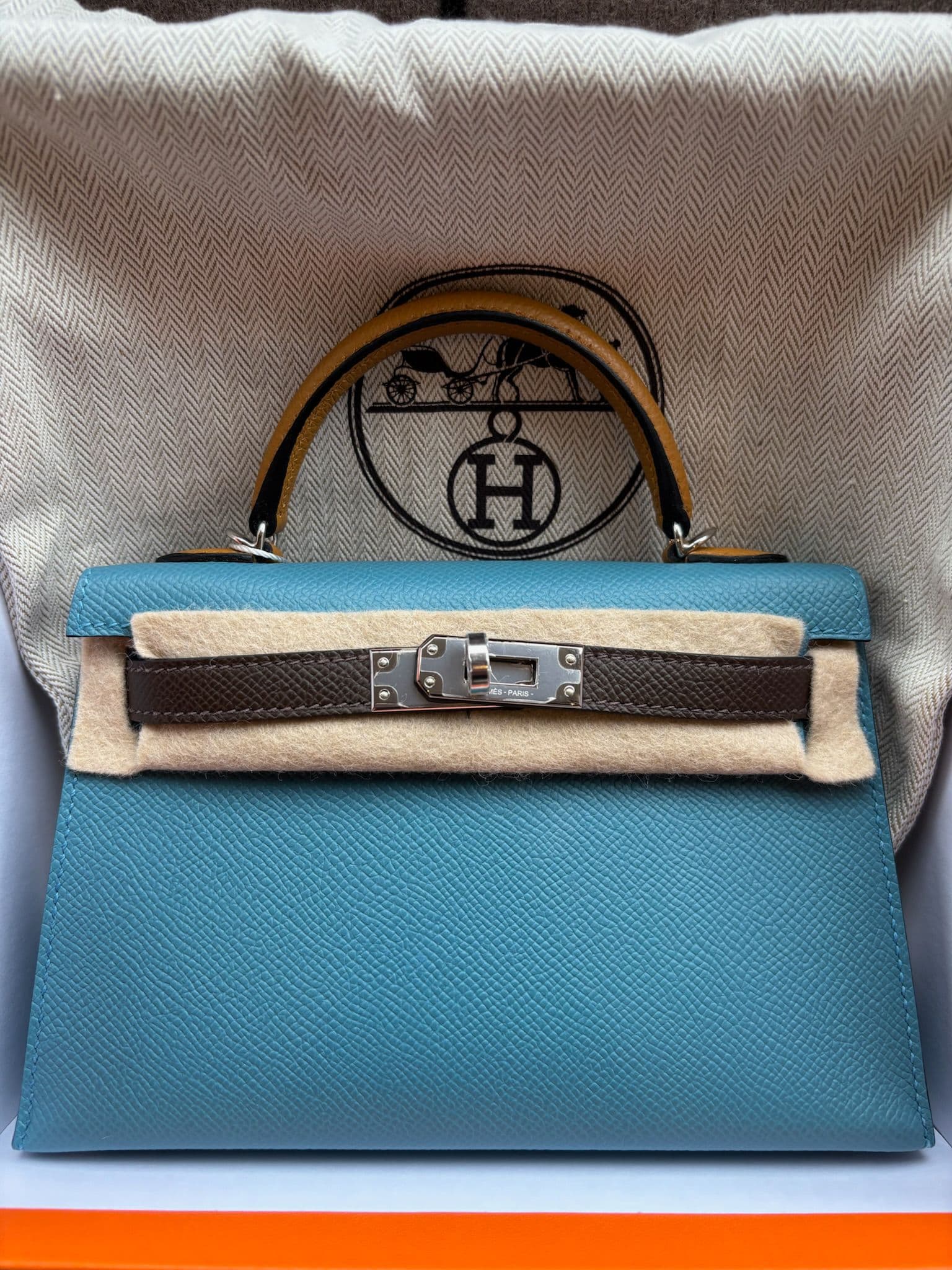 Hermès Other in Blue Jean / Ecorce / Sesame Epsom Palladium (PHW) hardware — front view
