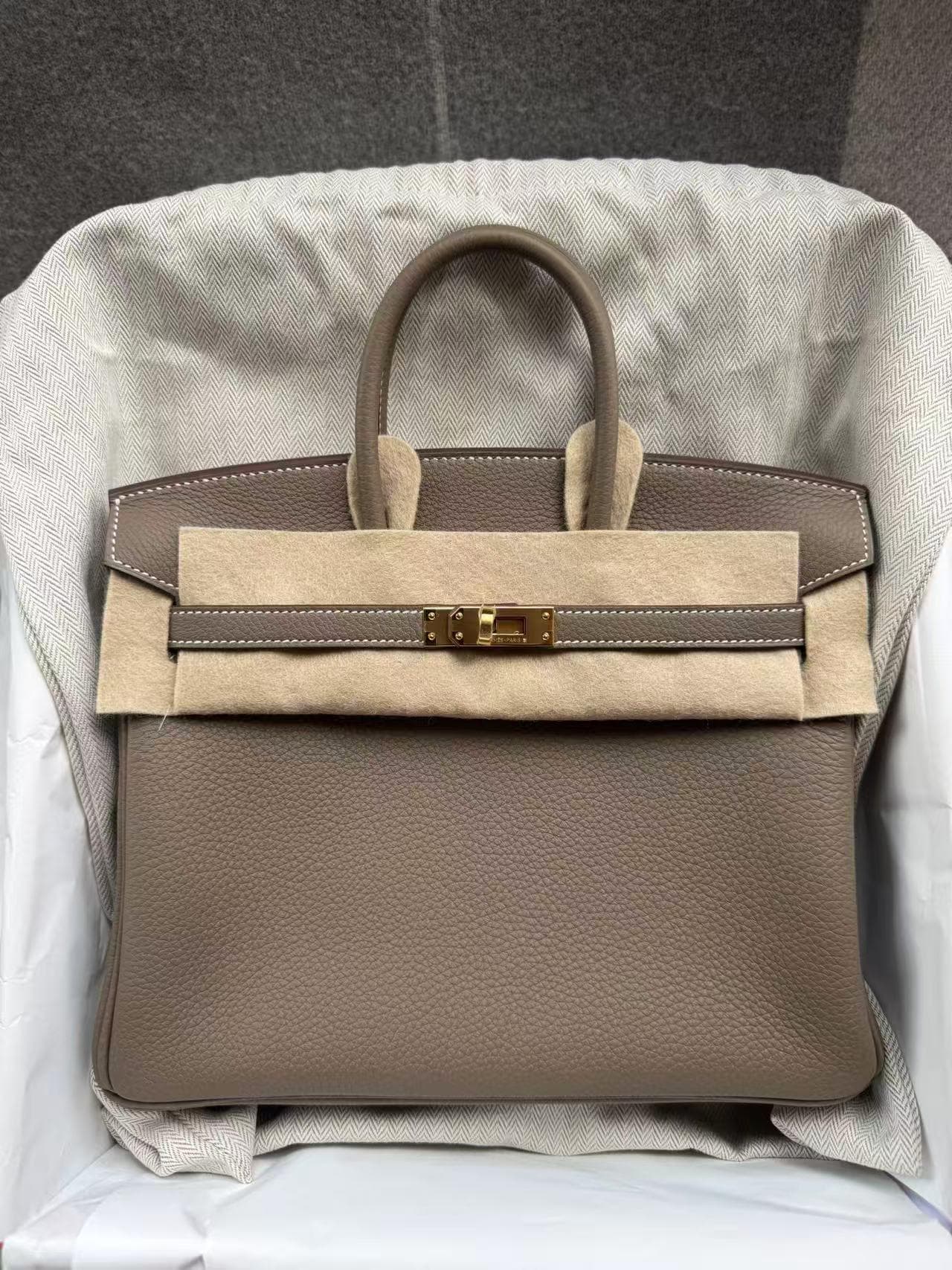 Hermès Birkin 25 25 in Etoupe Togo Gold (GHW) hardware — front view