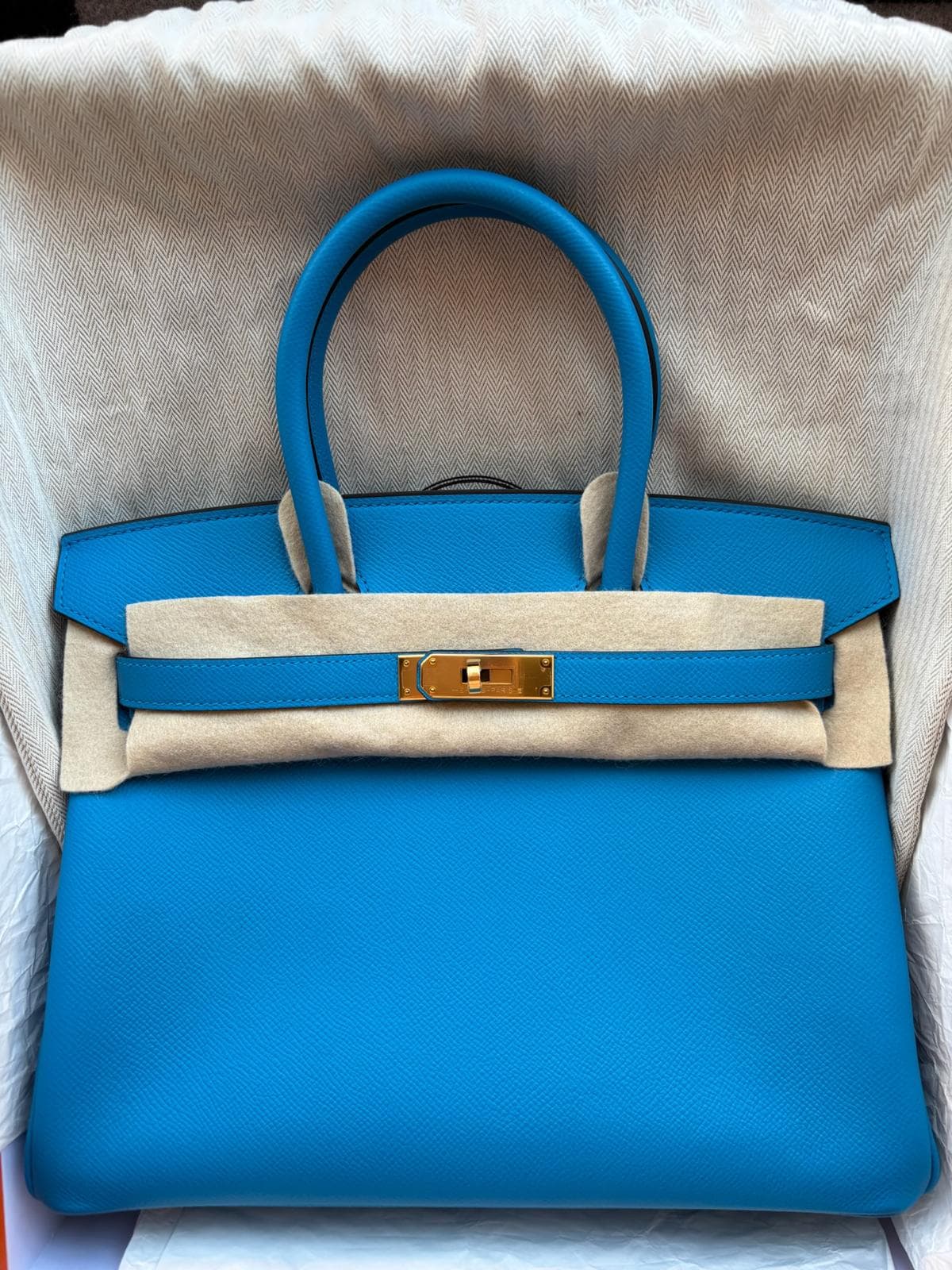 Hermès Birkin 30 30 in Blue Zanzibar Gold (GHW) hardware — front view