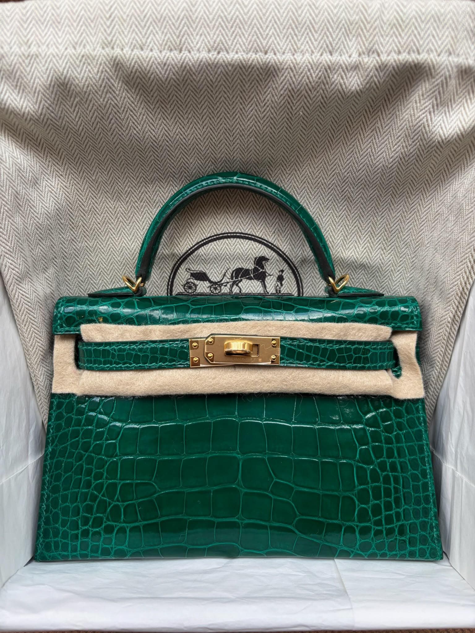 Hermès Mini Kelly in Vert Emeraude Shiny Alligator GHW hardware — front view
