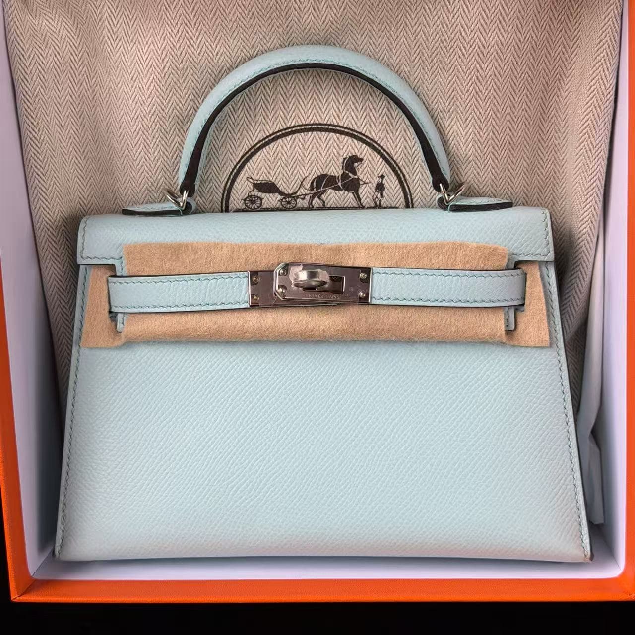 Hermès Mini Kelly Mini in Blue Zephyr Epsom Palladium (PHW) hardware — front view