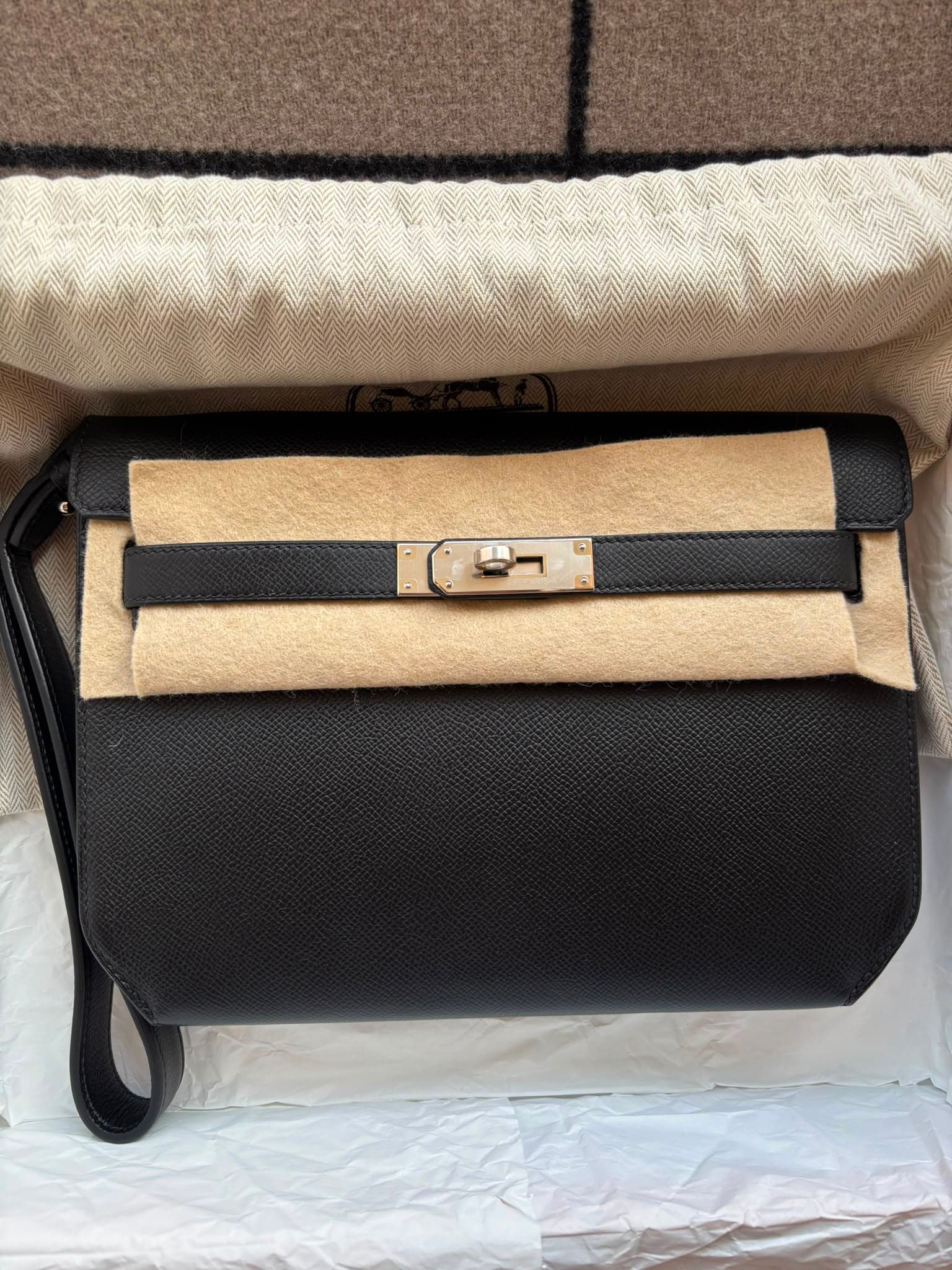 Hermès Depeches in Black Epsom Palladium (PHW) hardware — front view