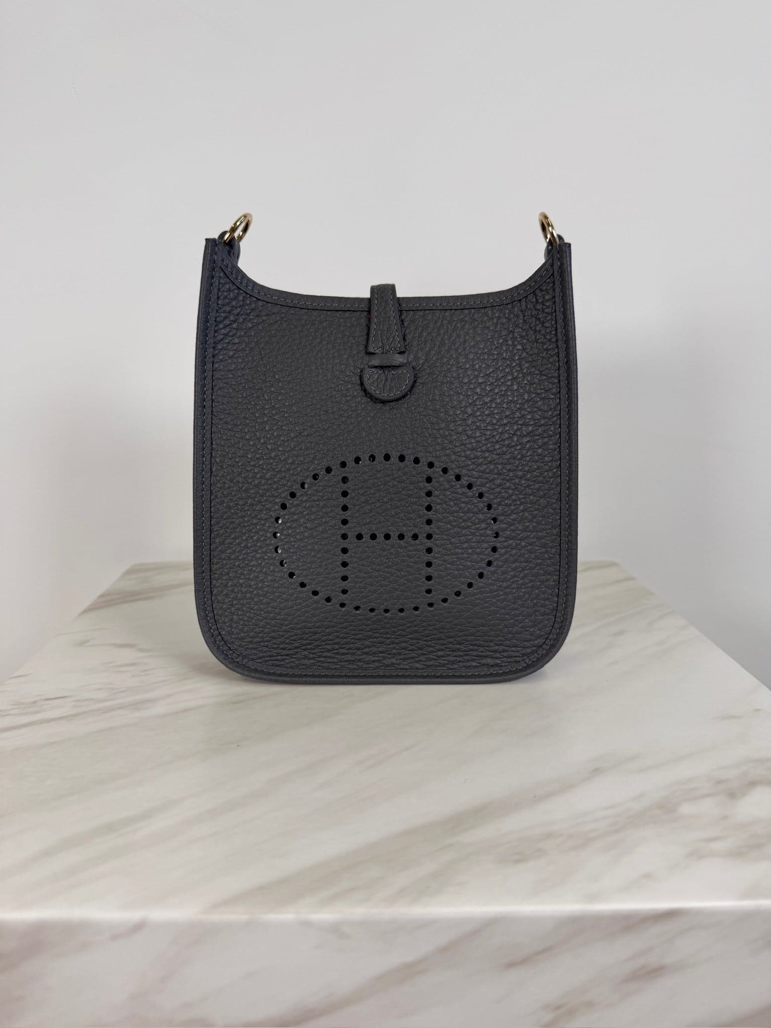 Hermès Mini Evelyne Mini in Ardoise Tourillon Clemence Gold Hardware hardware — front view