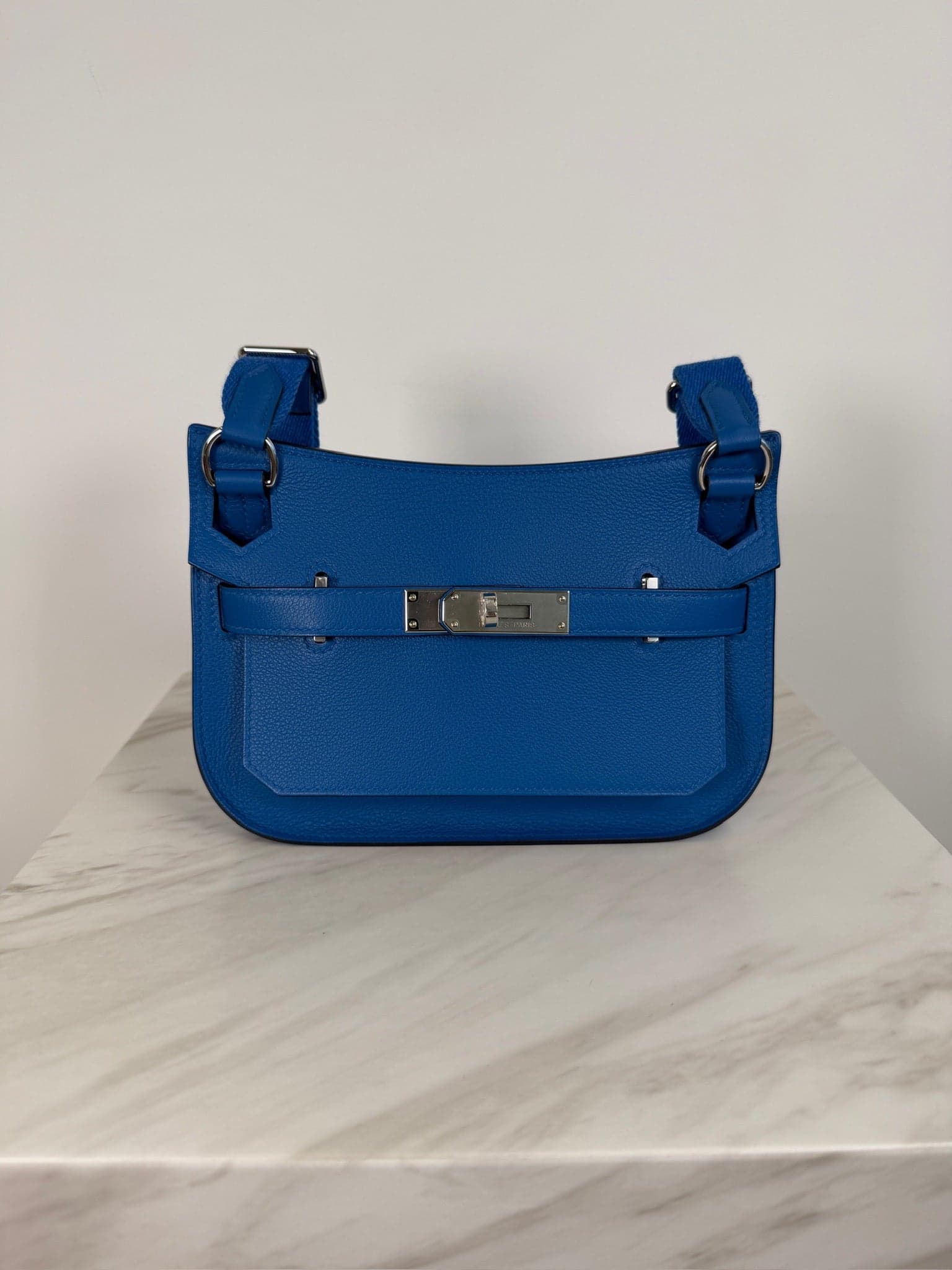 Hermès Mini Jypsiere Mini in Blue Zellige Evercolor Palladium Hardware hardware — front view