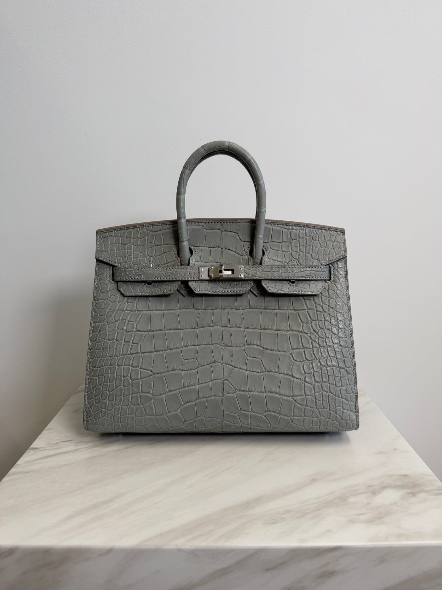 Hermès B25 Matt Alli Missi 25 in Gris Perle Matt Alligator Palladium Hardware hardware — front view