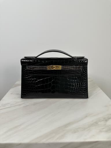 Hermès Kelly Pochette HSS Black/Graphite Shiny Alligator Gold Hardware