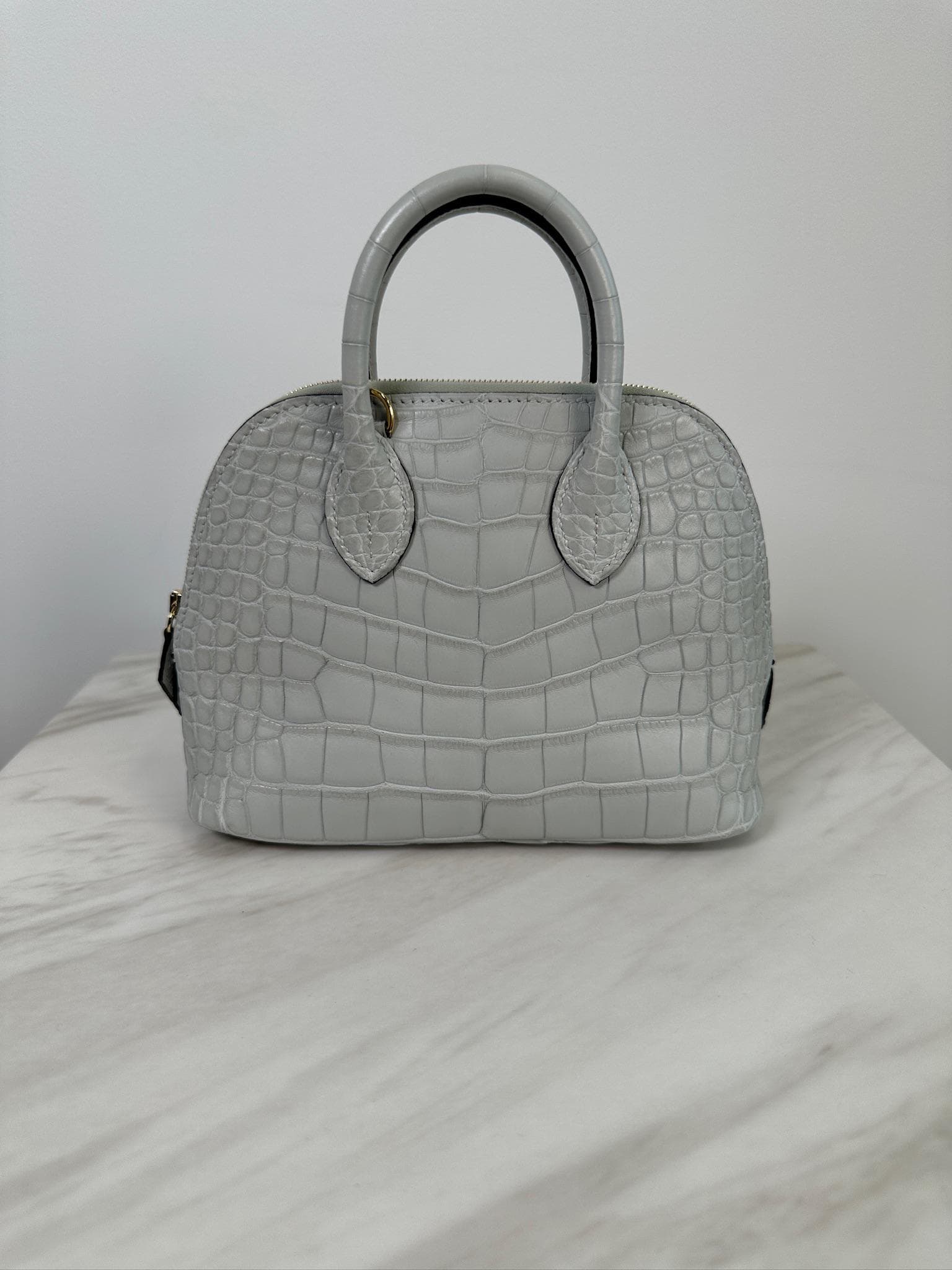 Hermès Mini Bolide Mini in Gris Neve Matte Alligator Gold Hardware hardware — front view