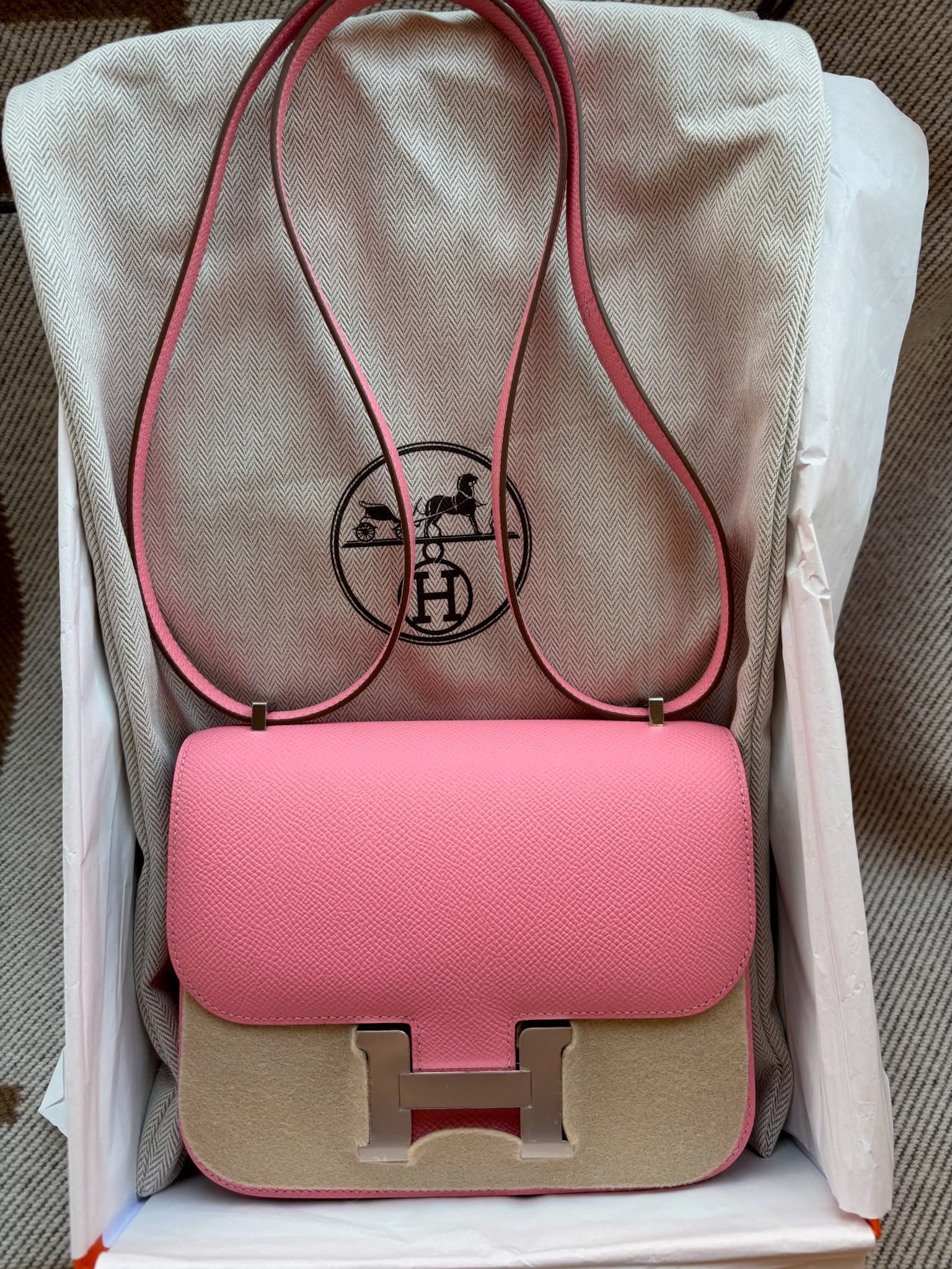 Hermès Mini Constance Mini in Rose Confetti Epsom Palladium (PHW) hardware — front view