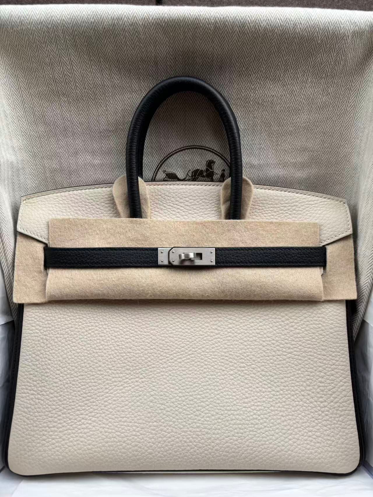 Hermès Birkin 25 25 in Craie & Black Togo Palladium (PHW) hardware — front view