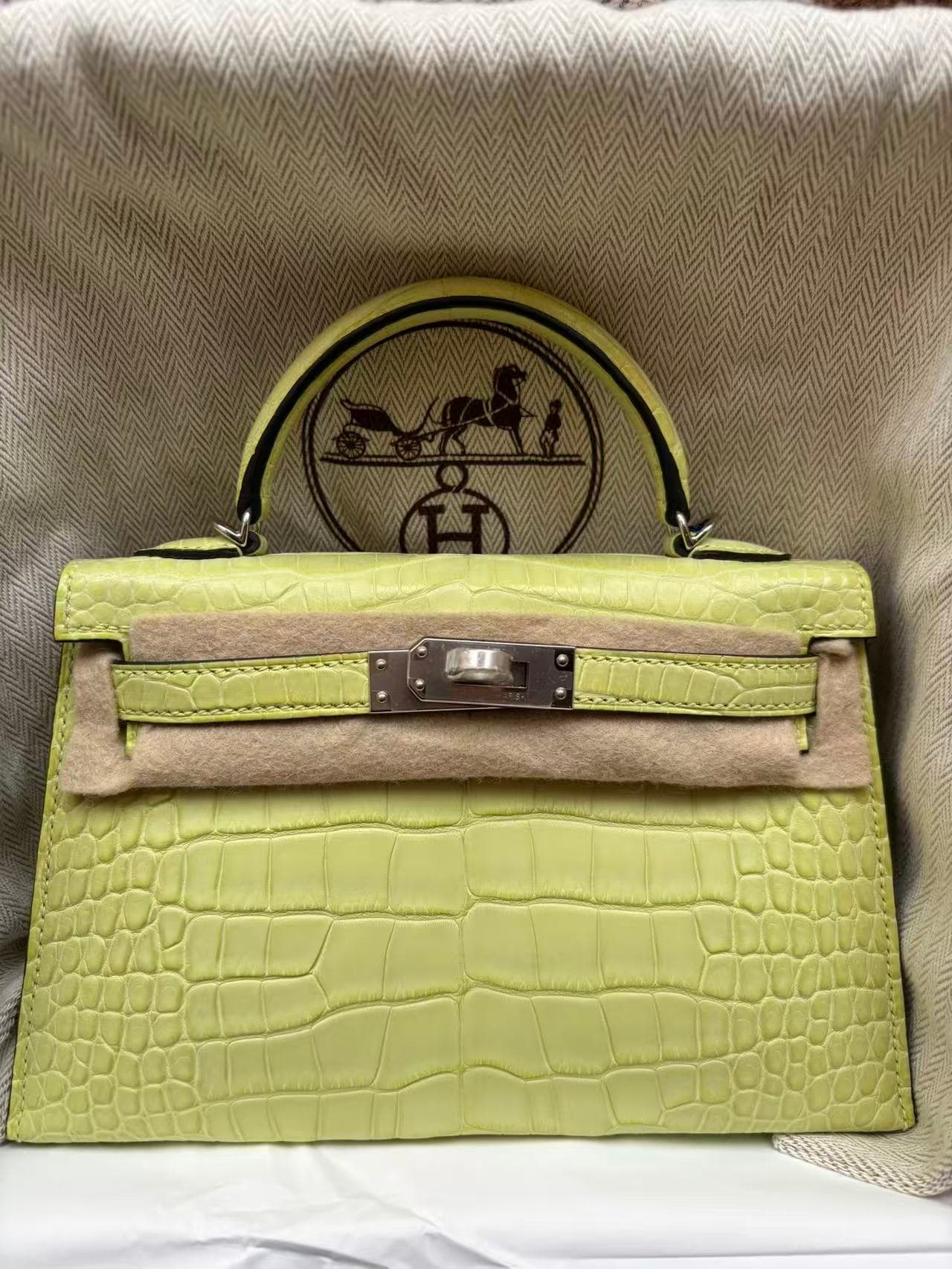 Hermès Mini Kelly Mini in Jaune Bourgeon Alligator Palladium (PHW) hardware — front view