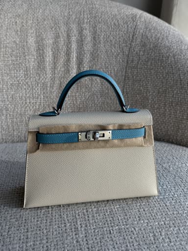 Hermès Mini Kelly 20 Craie / Bleu du Nord Epsom PHW