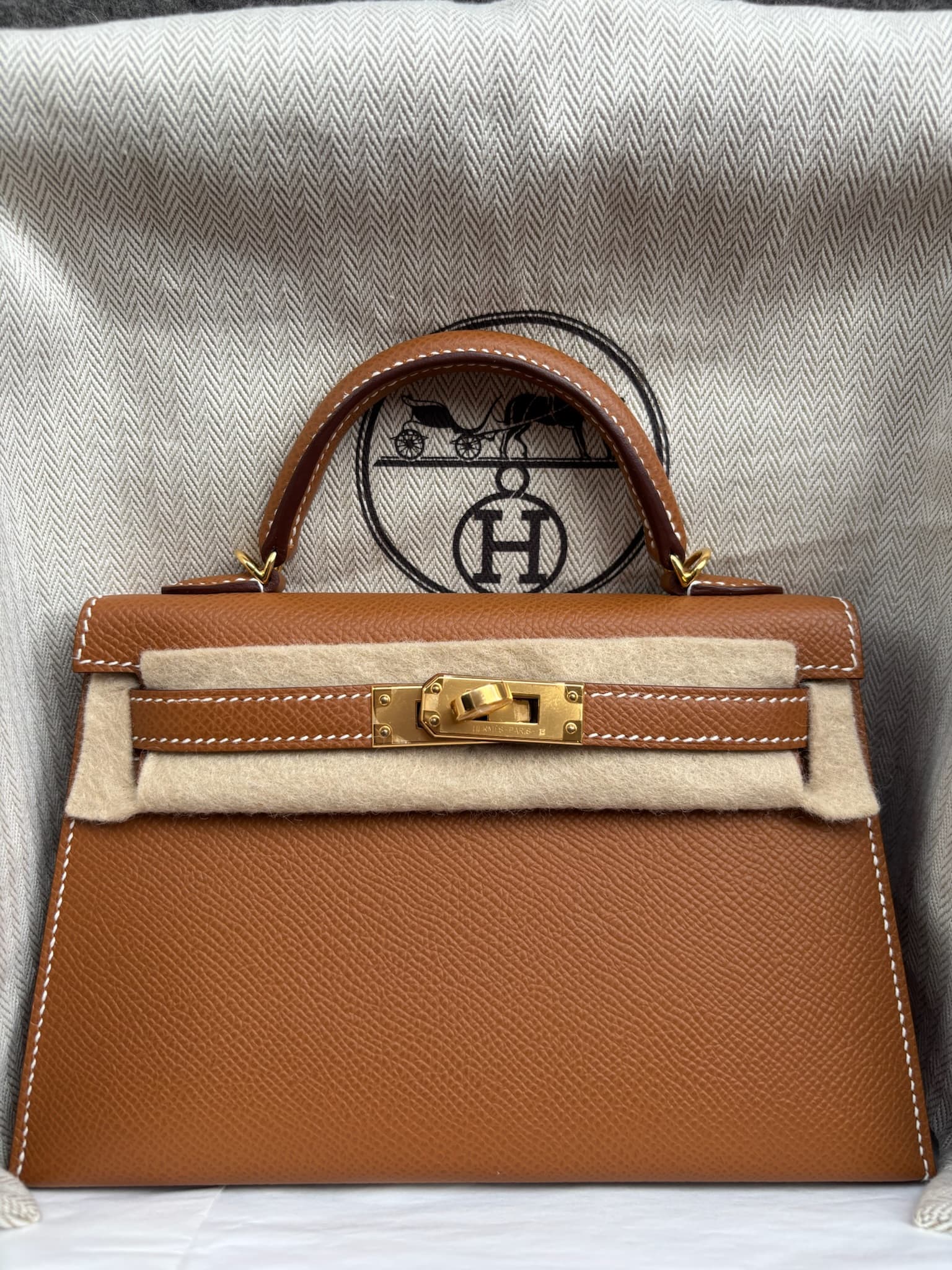 Hermès Mini Kelly Mini in Gold Epsom Gold (GHW) hardware — front view