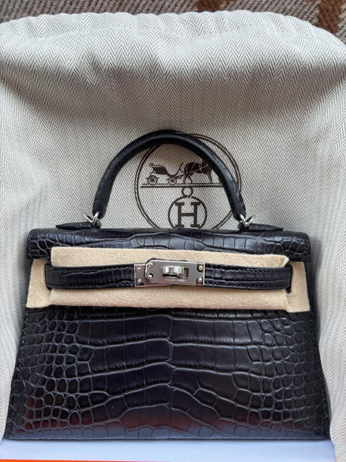 Hermès Mini Kelly Mini in Noir Alligator Palladium (PHW) hardware — front view
