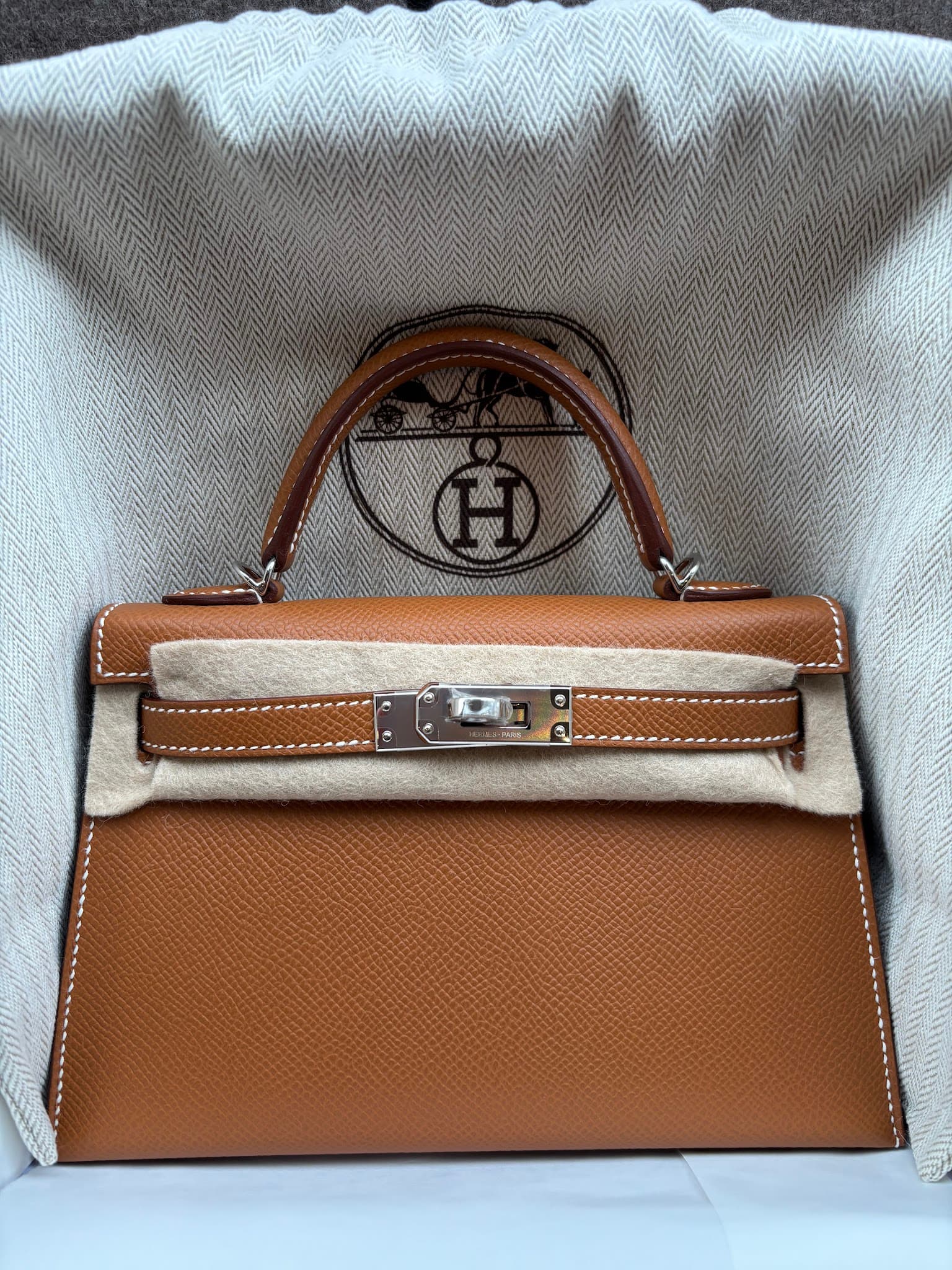 Hermès Mini Kelly Mini in Gold Epsom Palladium (PHW) hardware — front view