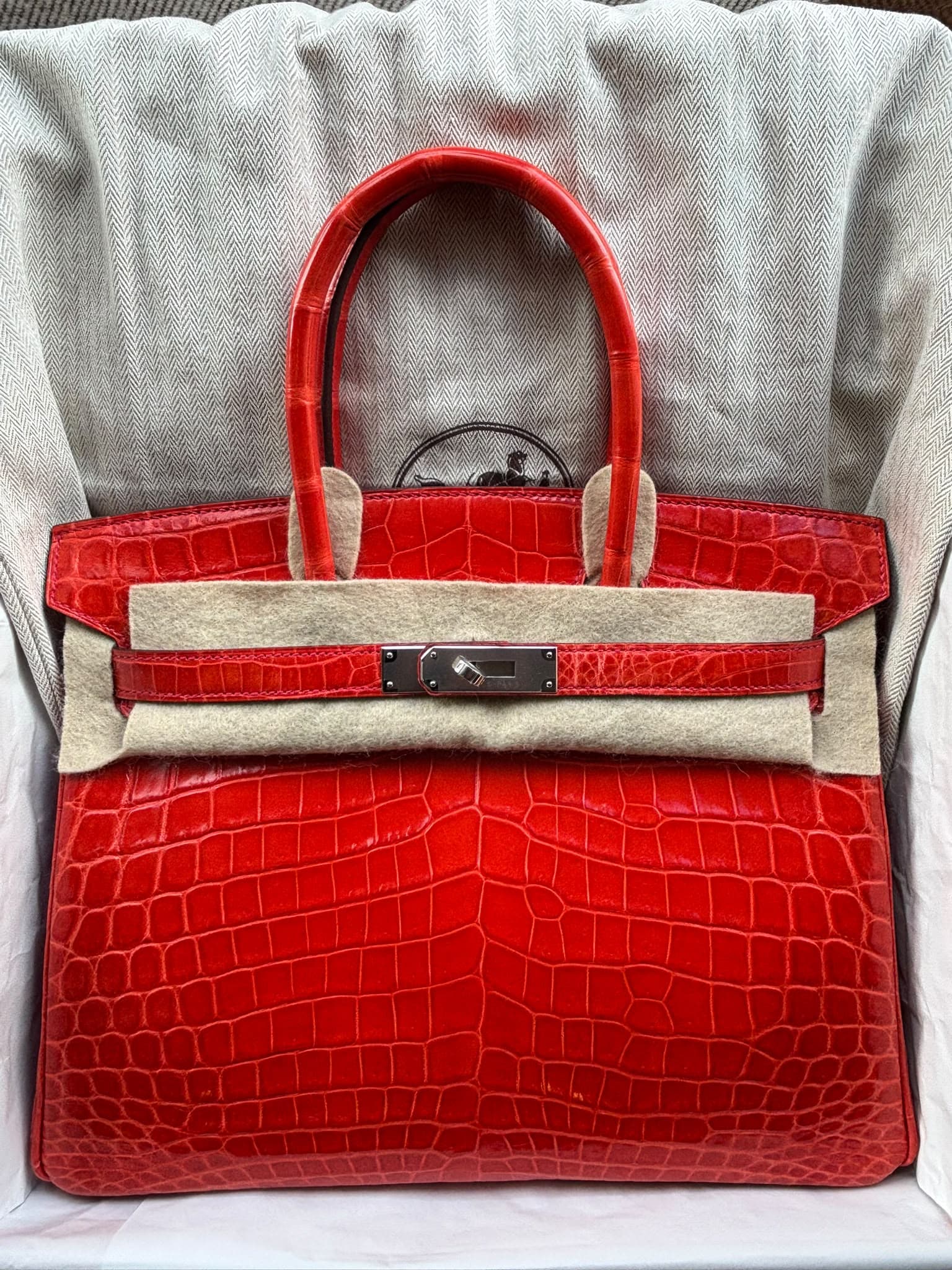 Hermès Birkin 30 30 in Geranium Shiny Niloticus Crocodile Palladium (PHW) hardware — front view