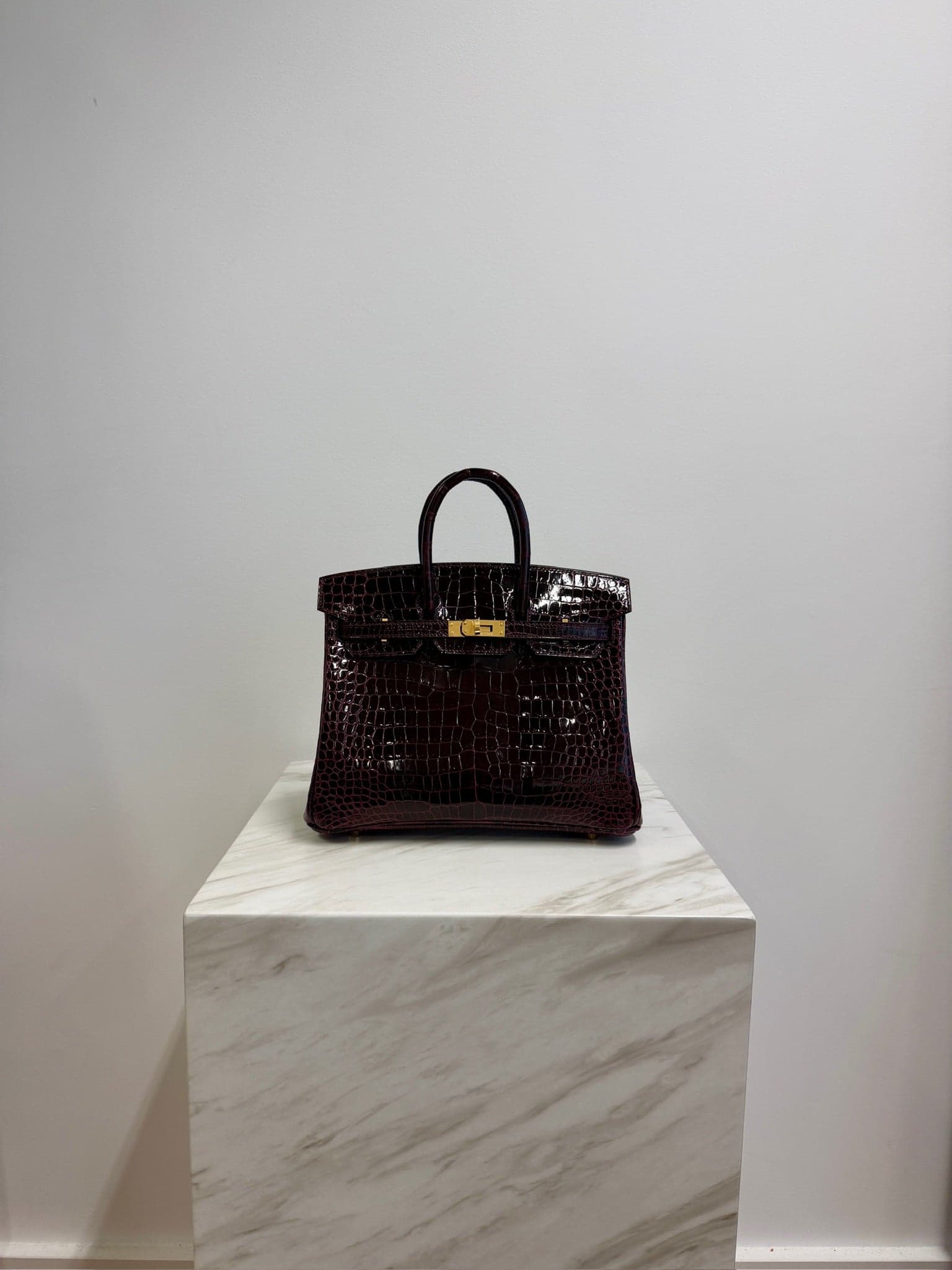 Hermès Birkin 25 25 in Bordeaux Shiny Porosus Gold Hardware hardware — front view