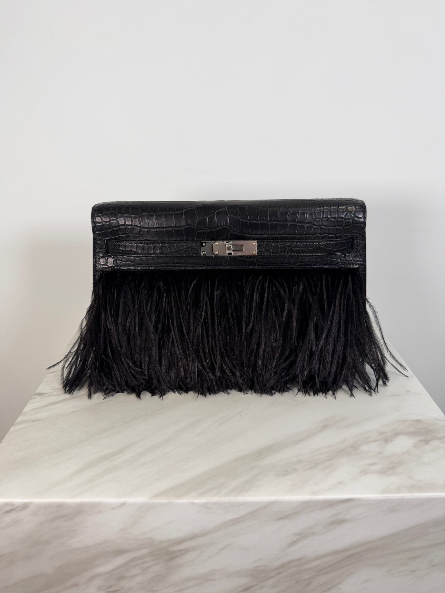 Hermès Kelly Elan Foile in Black Folie/ Matte Porosus Palladium (PHW) hardware — front view