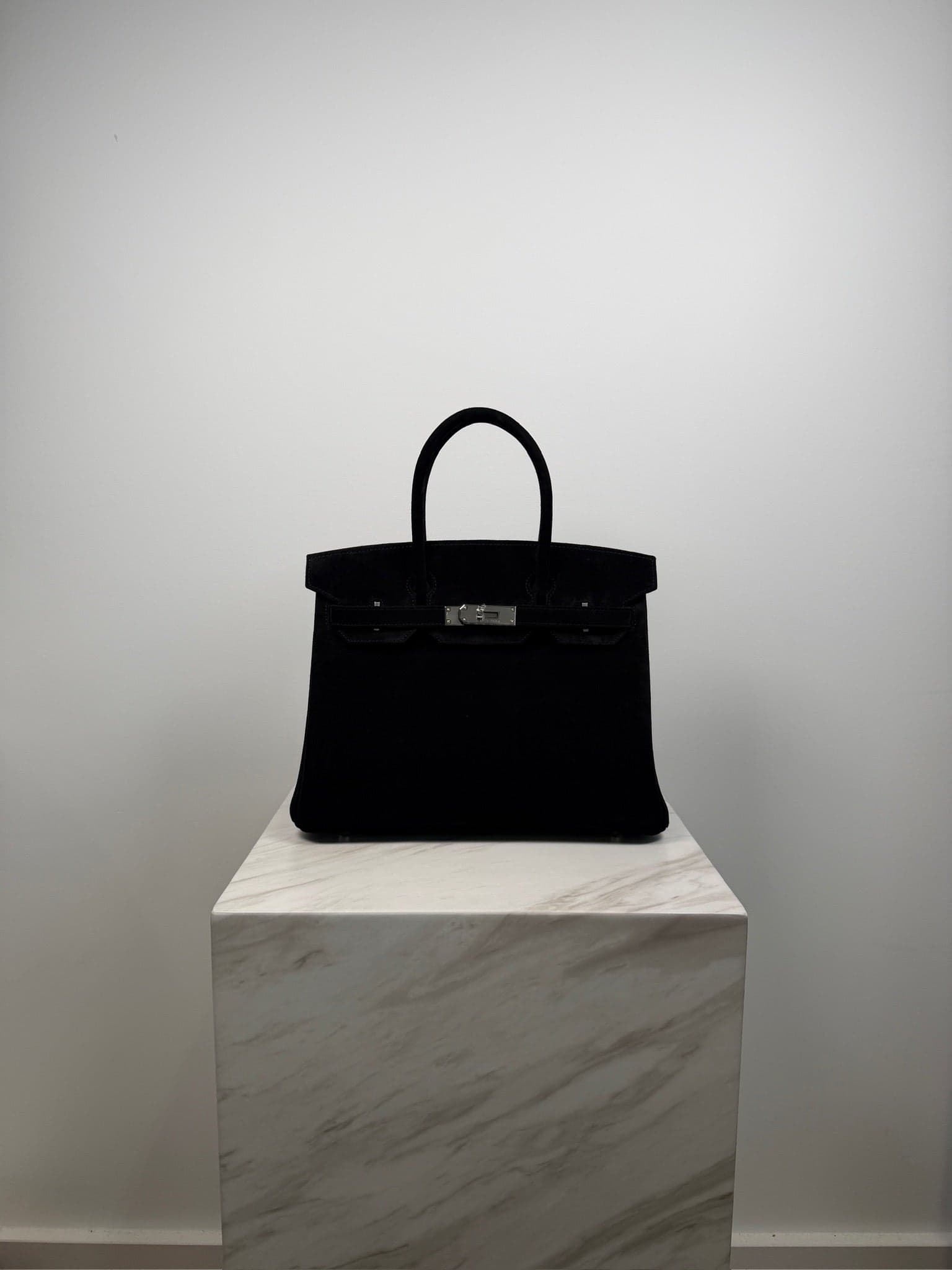 Hermès Birkin 30 in Black Doblis Suede Palladium (PHW) hardware — front view