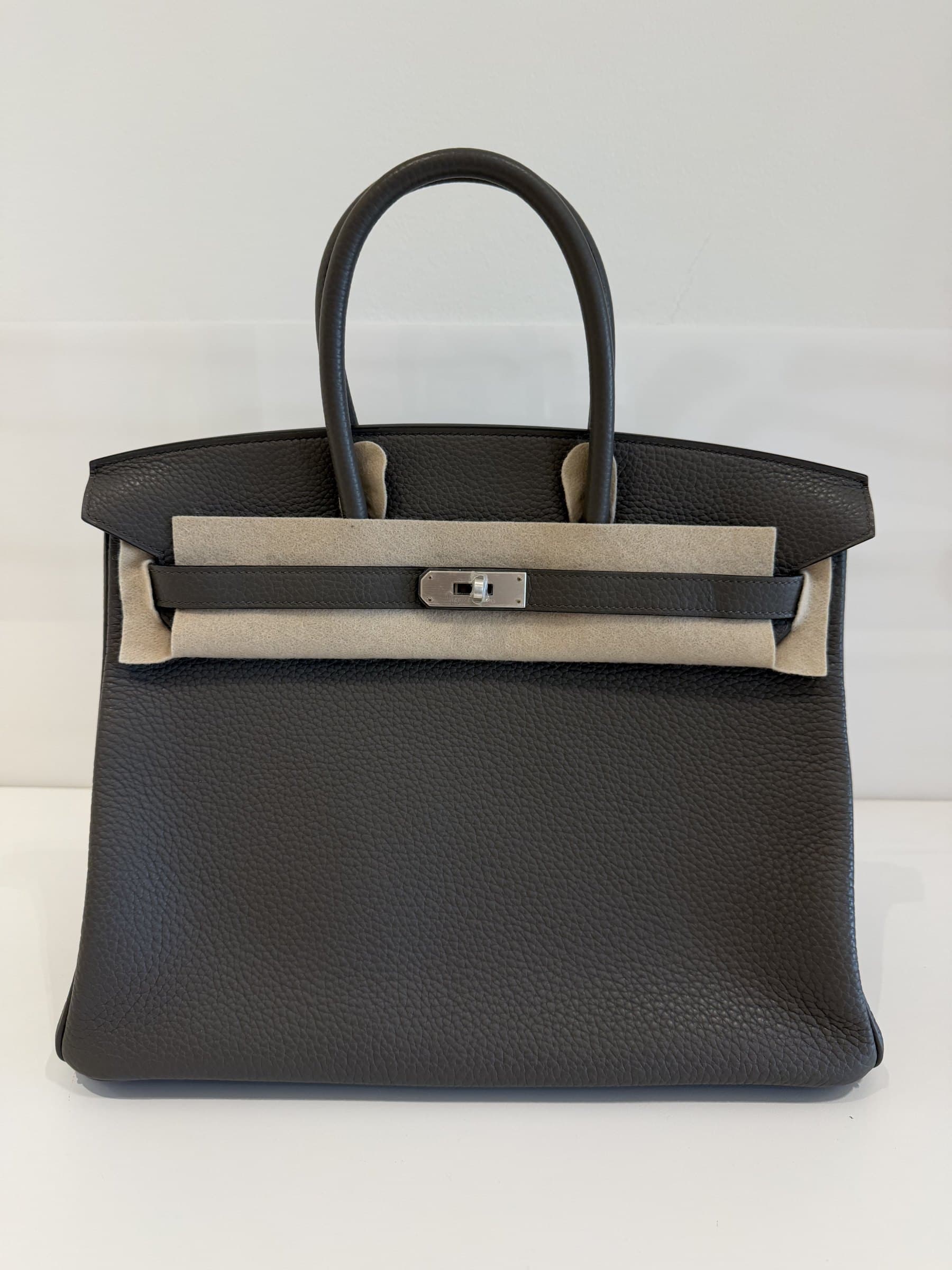 Hermès Birkin 35 in Etain Clemence Brushed Palladium hardware — front view