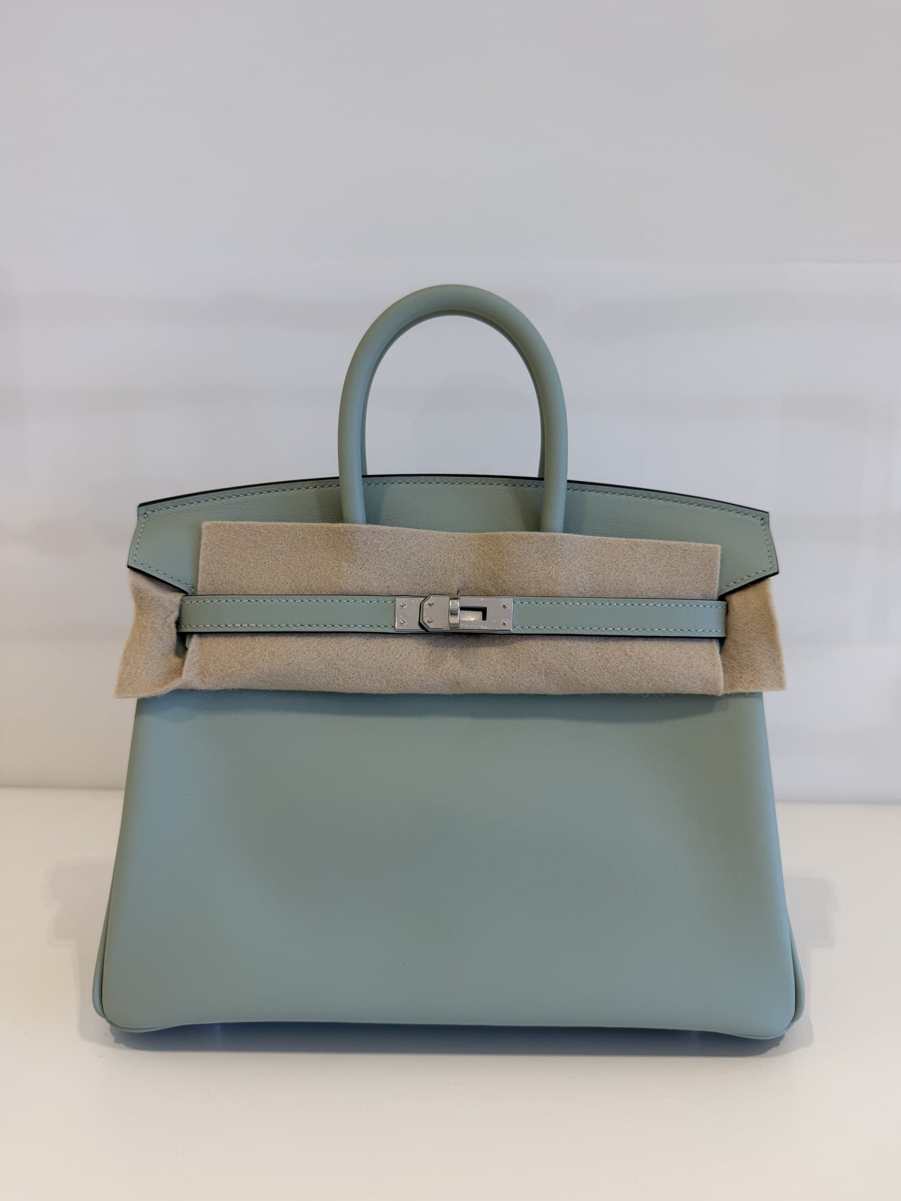Hermès Birkin 25 in Vert d'Eau Swift Palladium (PHW) hardware — front view