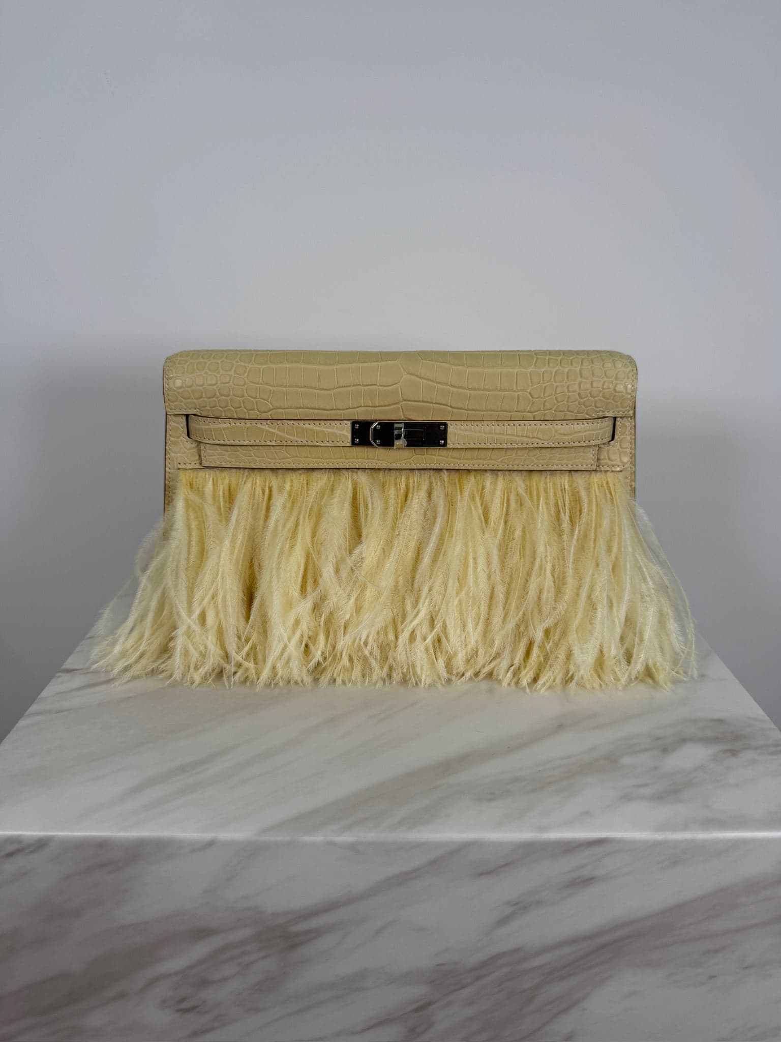 Hermès Kelly Elan N/A in Jaune Milton Matte Alligator and Fox Palladium (PHW) hardware — front view