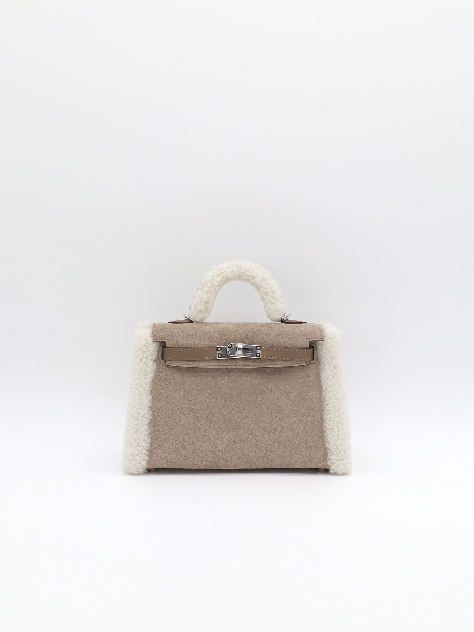 Hermès Kelly 20 Teddy in Gris Caillou/ Etoupe/ Ecru Grizzly/ Mouton Merinos/ Swift Palladium (PHW) hardware — front view