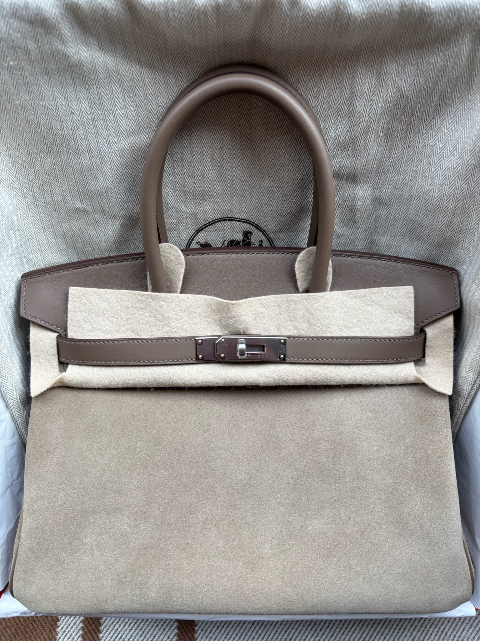 Hermès Birkin 30 in Etoupe Grizzly Palladium (PHW) hardware — front view