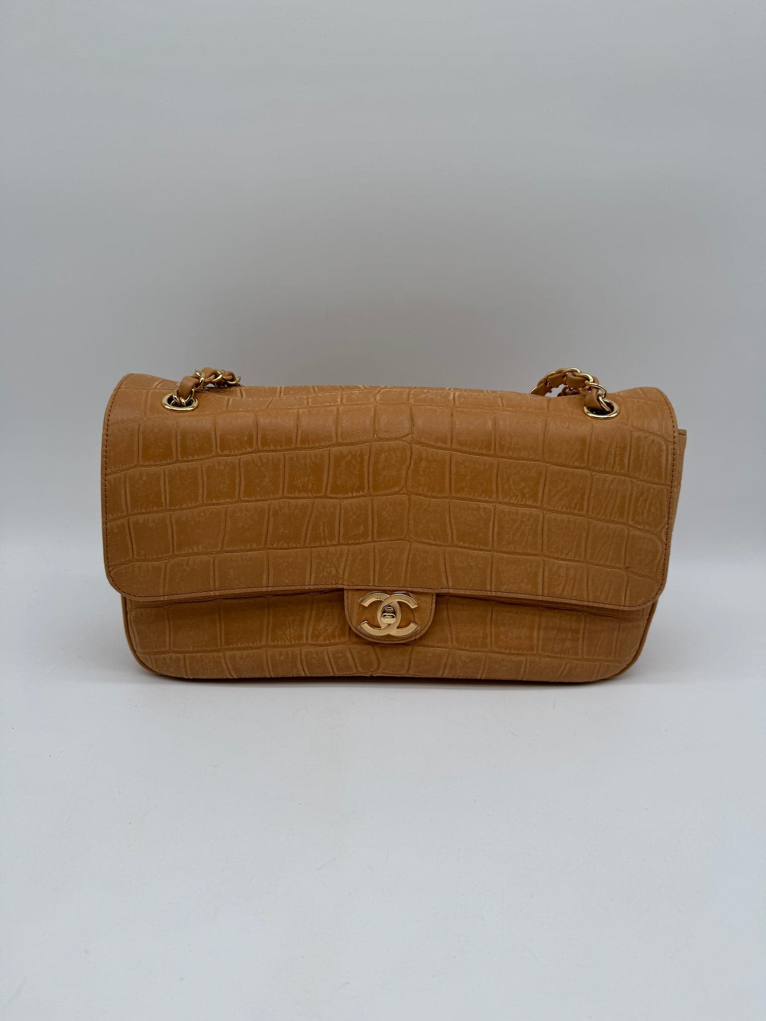 Chanel Maxi Flap Bag 32 in Camel Suede Crocodile-embossed Calfskin Gold (GHW) hardware — front view
