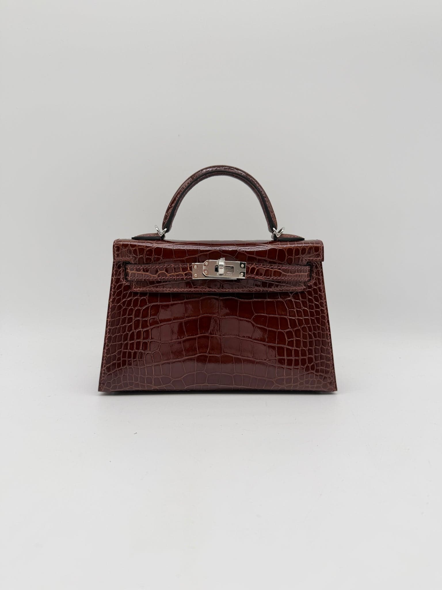 Hermès Kelly 20 in Miel Shiny Alligator Palladium (PHW) hardware — front view