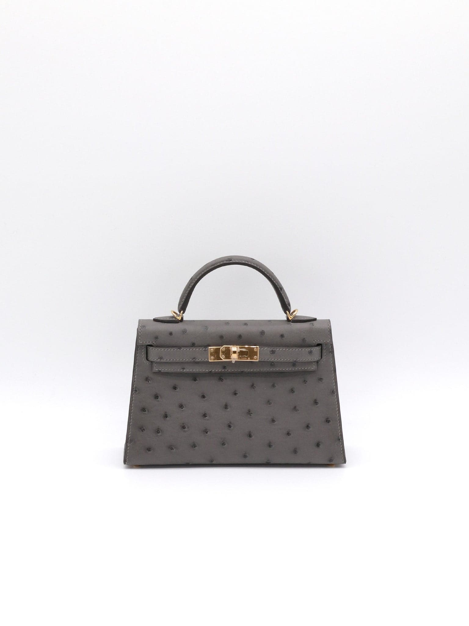 Hermès Kelly 20 in Gris Meyer Ostrich Gold (GHW) hardware — front view