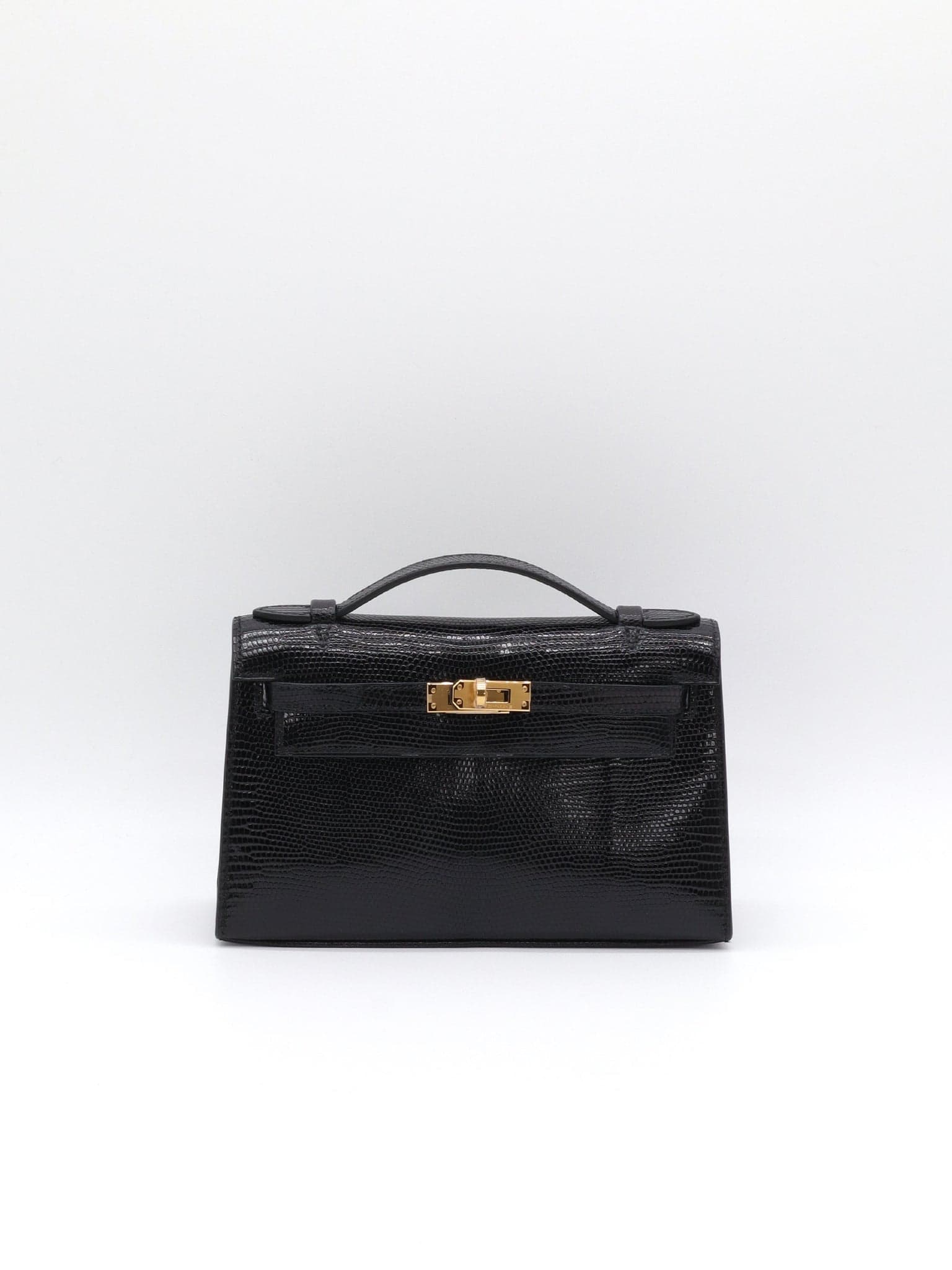Hermès Kelly Pochette in Noir Shiny Nilo Lizard Gold (GHW) hardware — front view