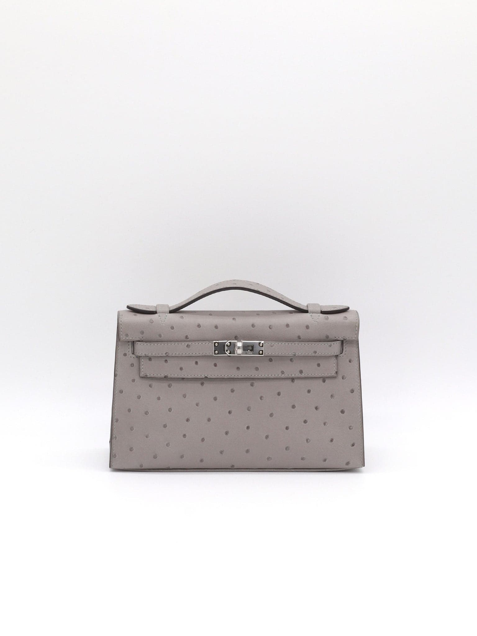 Hermès Kelly Pochette in Gris Mouette Ostrich Palladium (PHW) hardware — front view