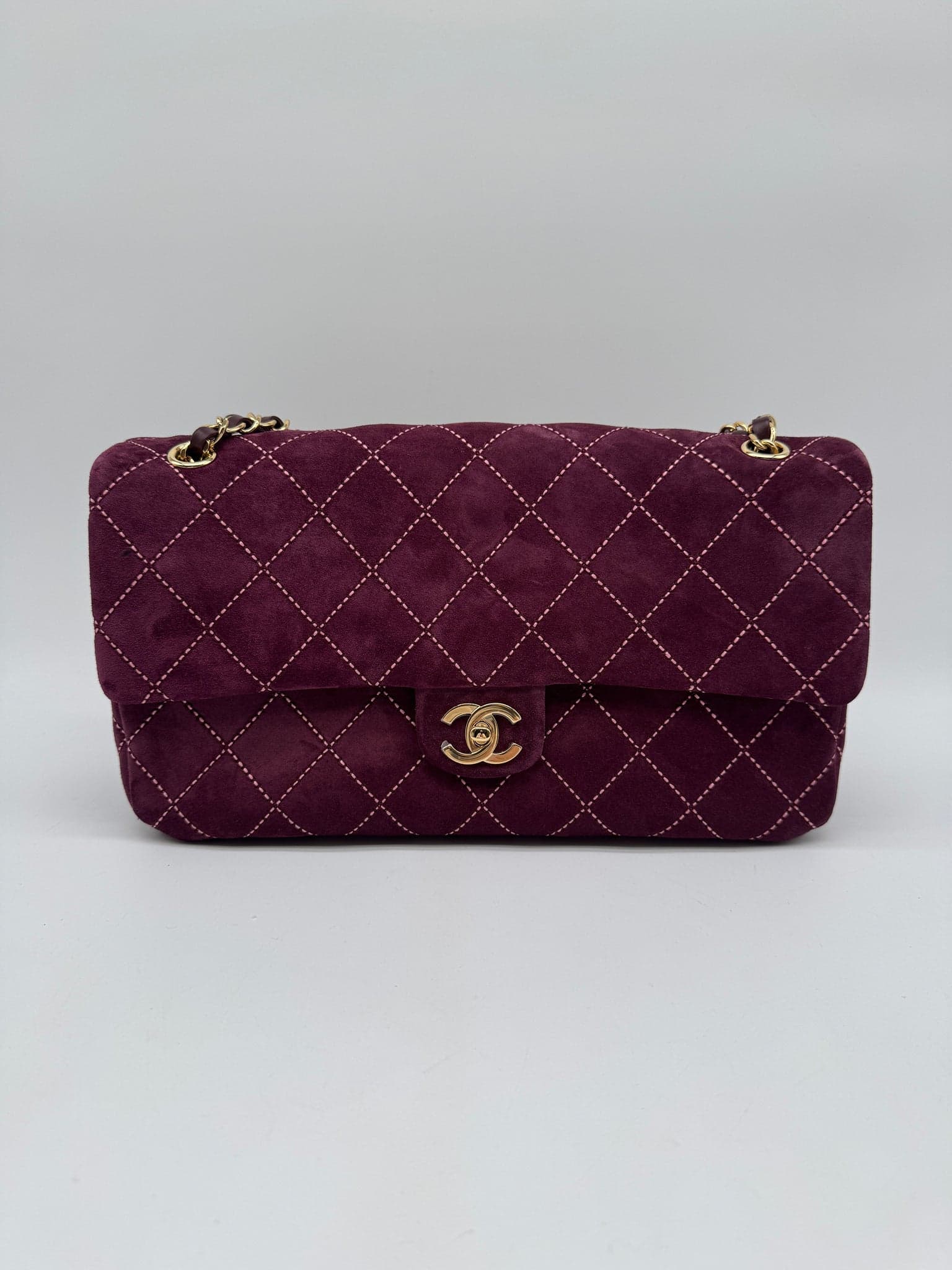 Chanel Maxi Flap Bag 32 in Burgundy Suede Calfskin Gold (GHW) hardware — front view