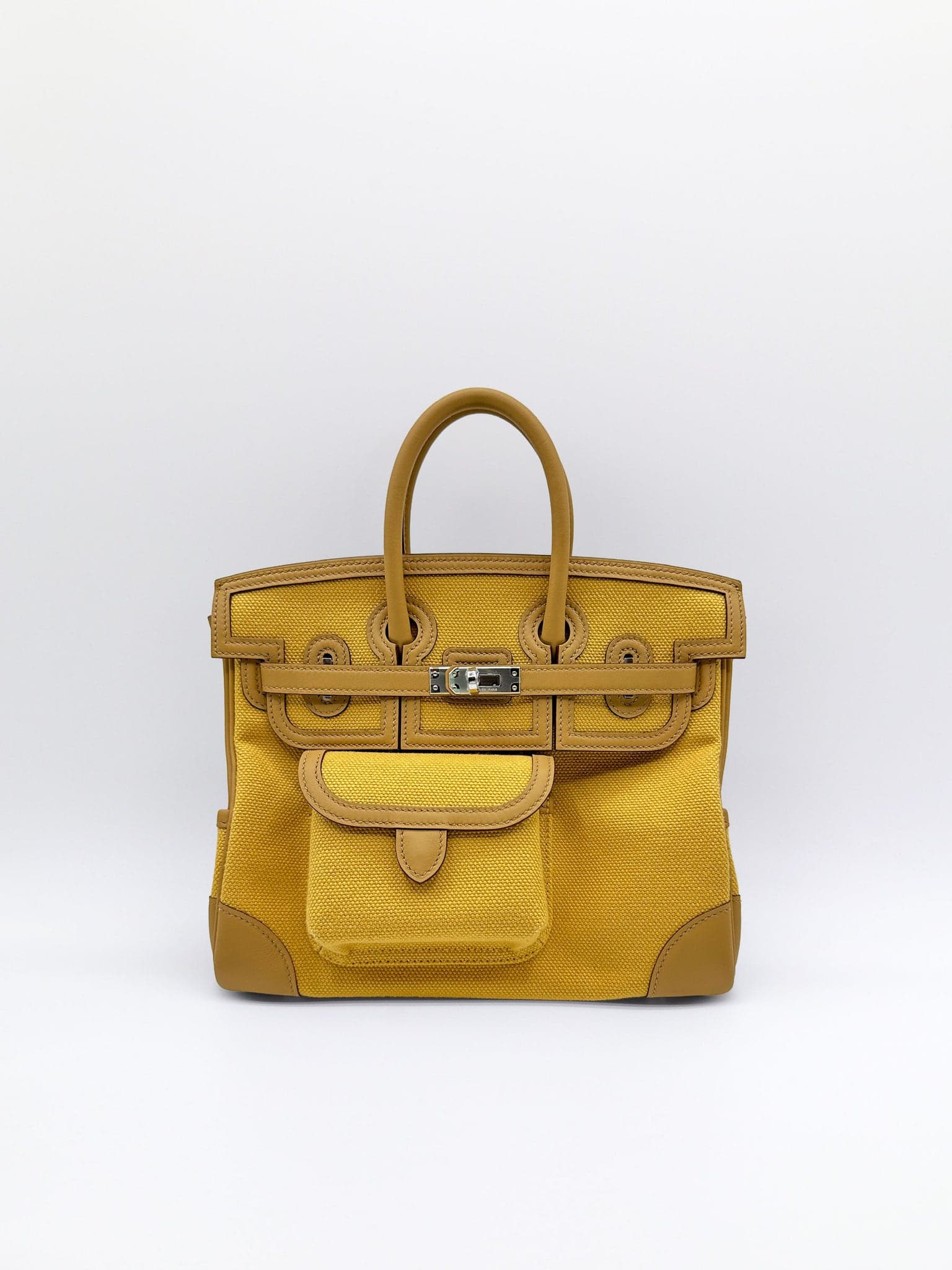 Hermès Birkin 25 Cargo in Pallie/ Biscuit Toile/ Swift Palladium (PHW) hardware — front view