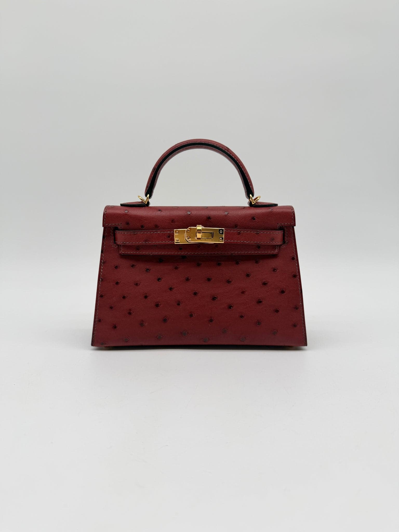 Hermès Kelly 20 in Rouge H Ostrich Gold (GHW) hardware — front view