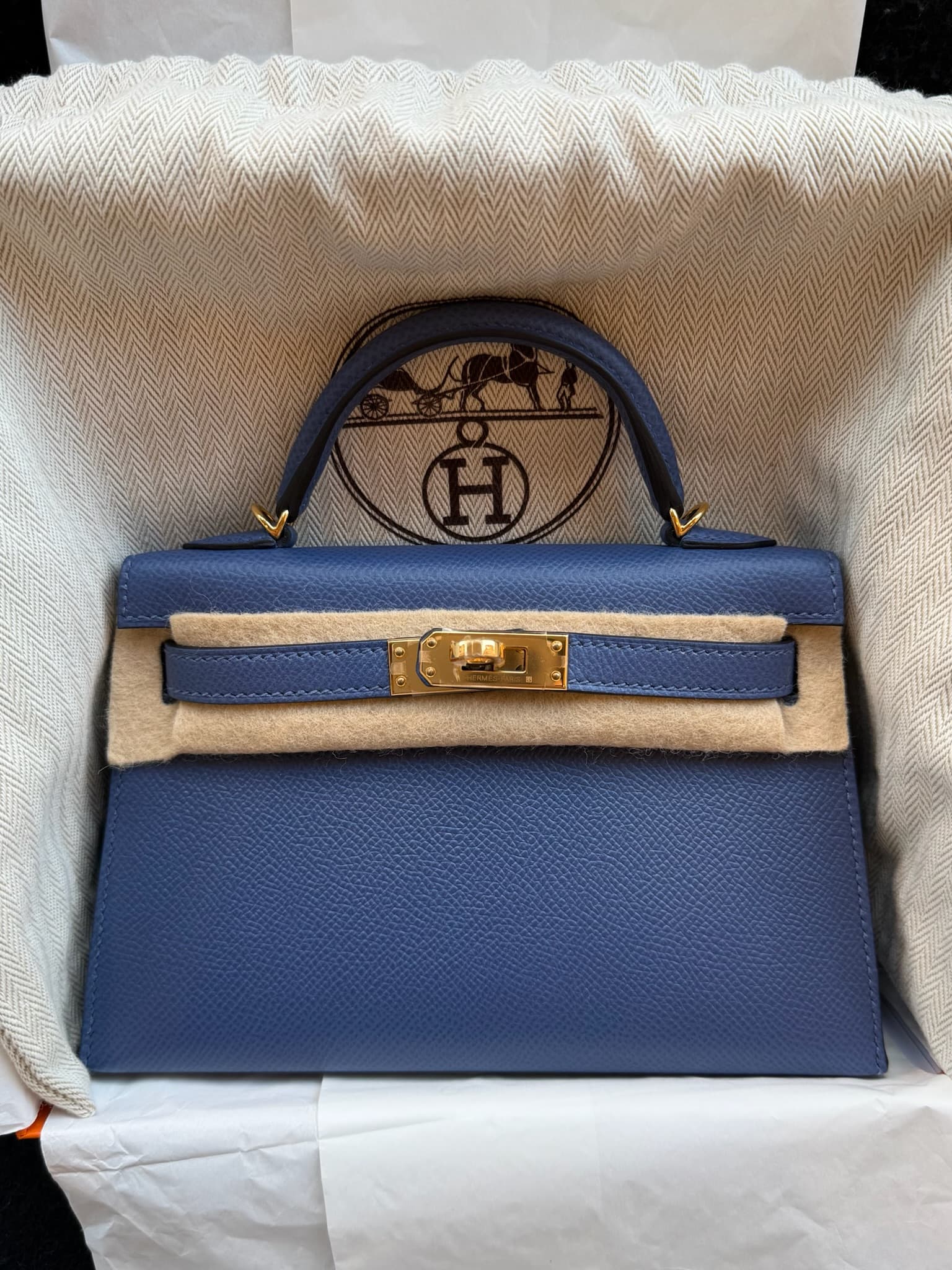 Hermès Mini Kelly 20 in Blue Brighton Epsom Gold (GHW) hardware — front view