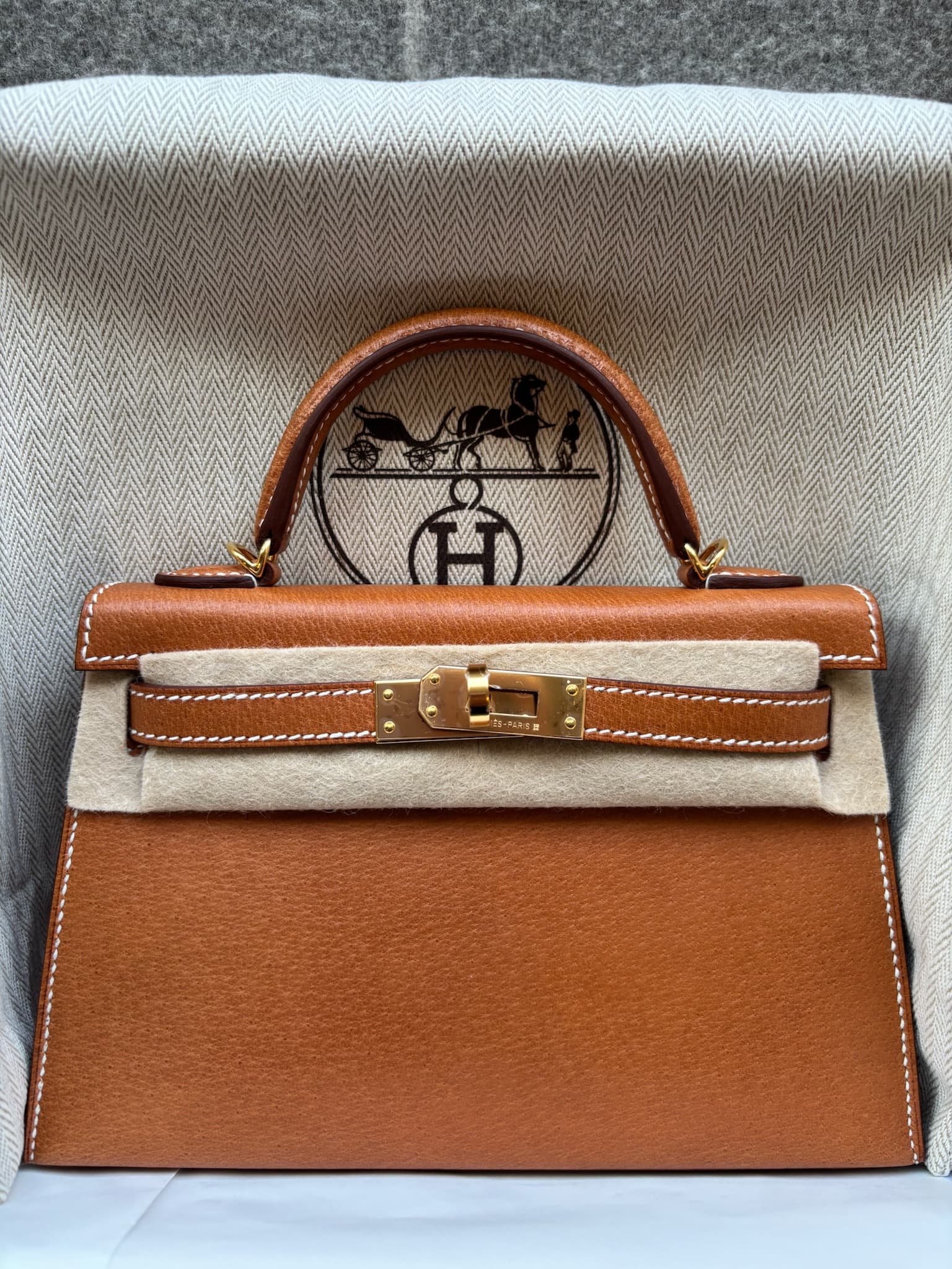 Hermès Mini Kelly 20 in Toffee Peau de Porc Gold (GHW) hardware — front view