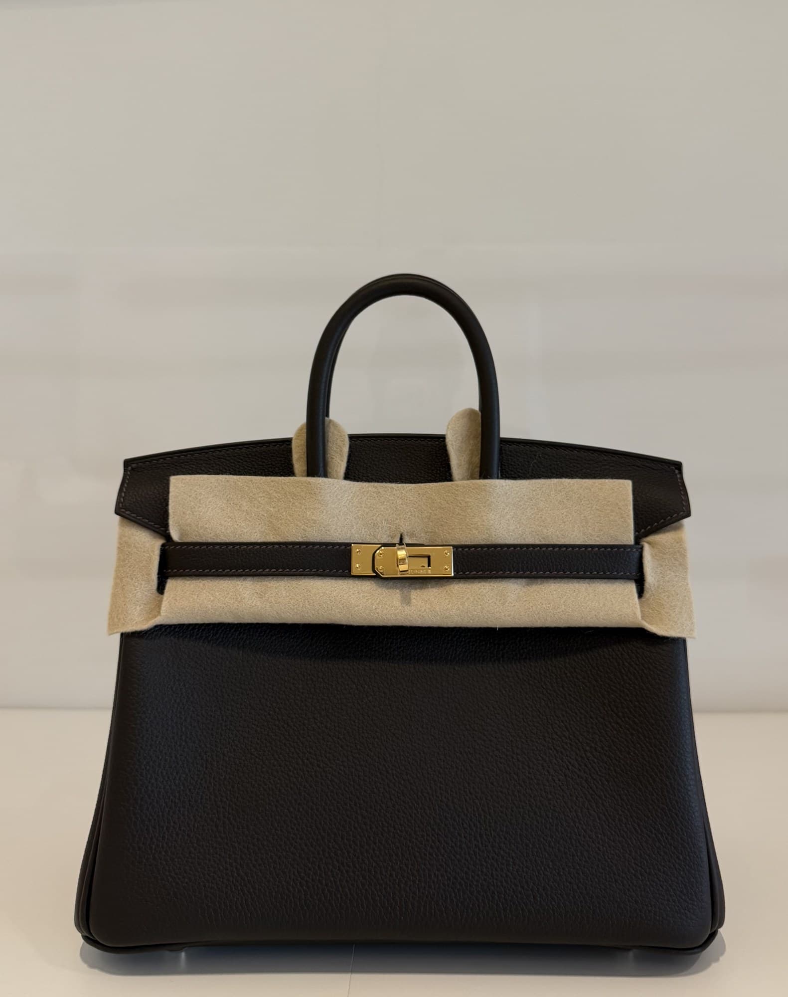 Hermès Birkin 25 in Bai Brun Togo Gold (GHW) hardware — front view