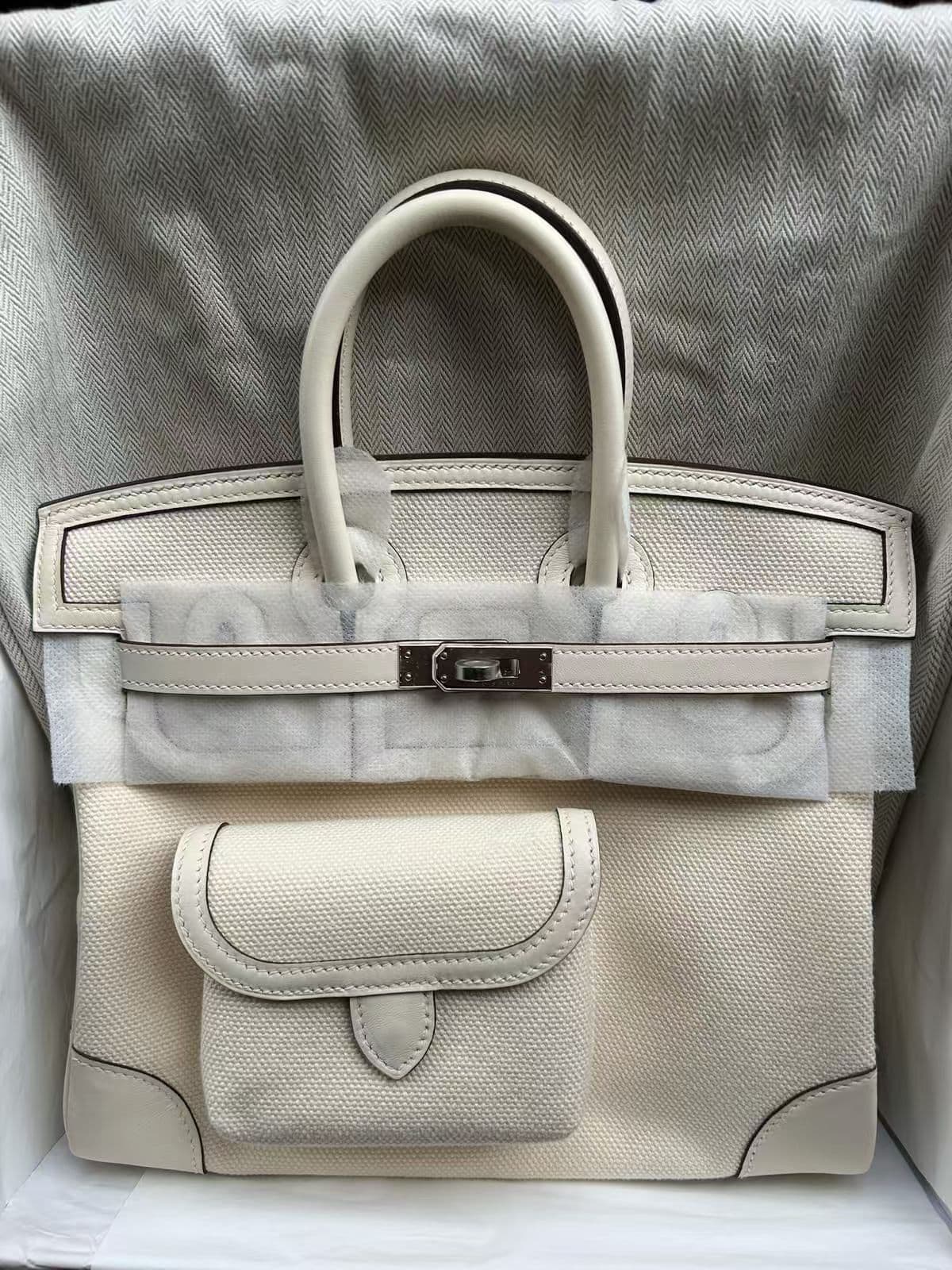 Hermès Birkin 25 in Nata Toile/Swift Palladium (PHW) hardware — front view