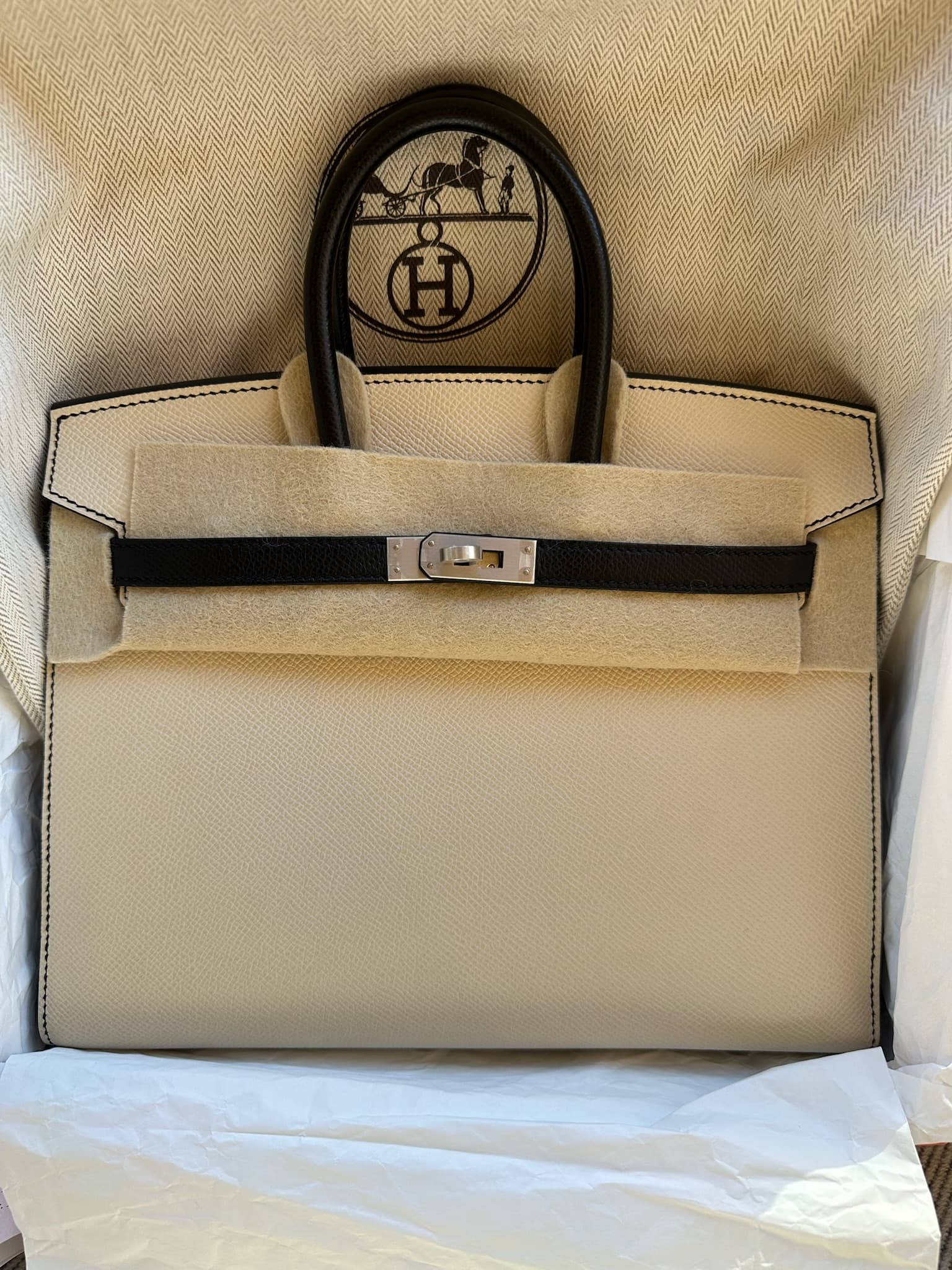 Hermès Birkin 25 in Craie/Black Epsom Palladium (PHW) hardware — front view
