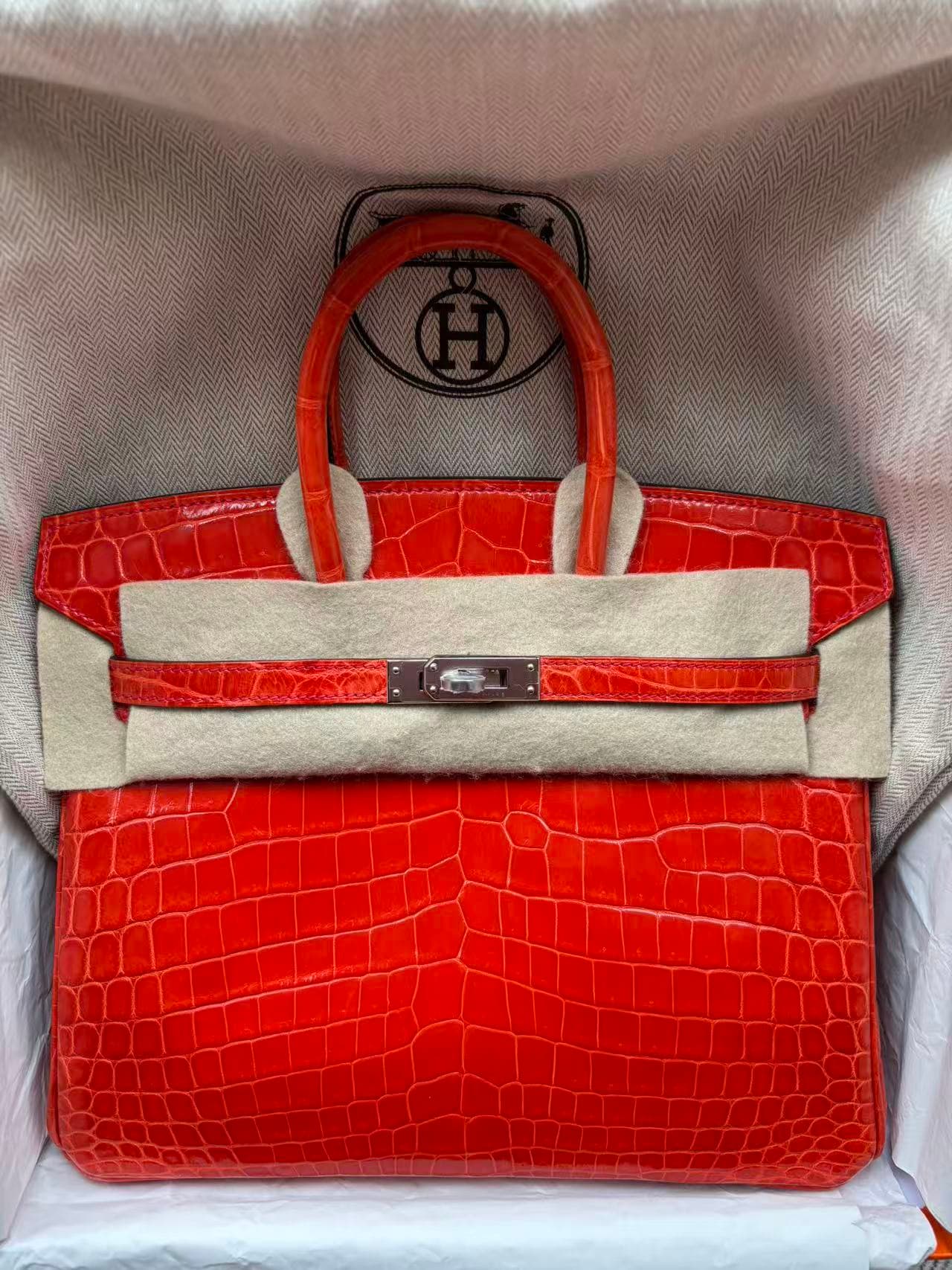 Hermès Birkin 25 in Feu Niloticus Crocodile Palladium (PHW) hardware — front view