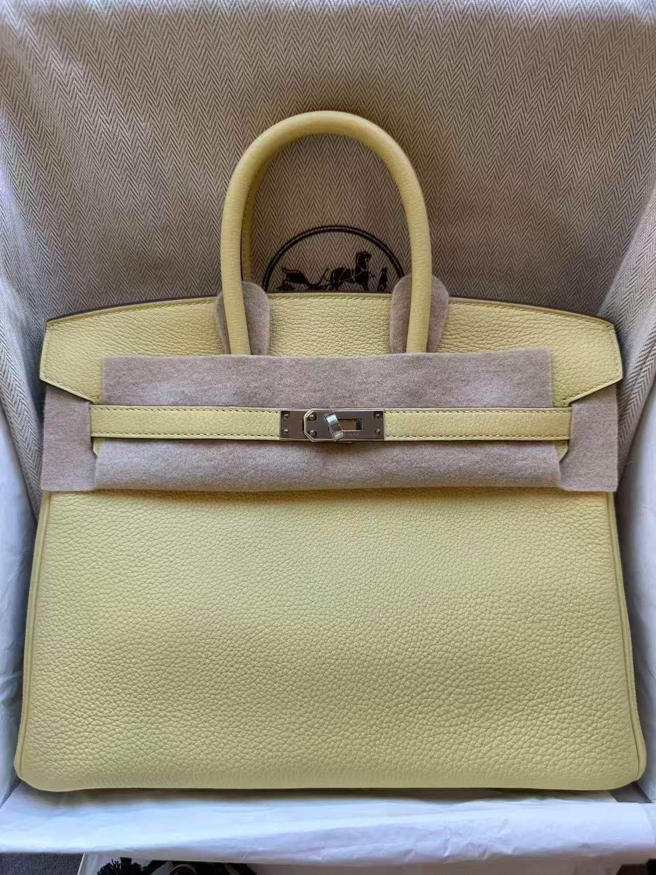 Hermès Birkin 25 in Jaune Poussin Togo Palladium (PHW) hardware — front view