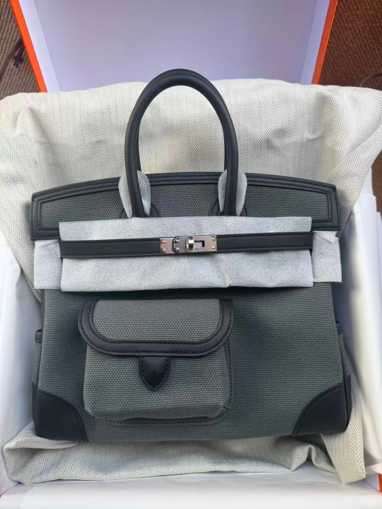 Hermès Birkin 25 in Vert Mangrove Toile/Swift Palladium (PHW) hardware — front view