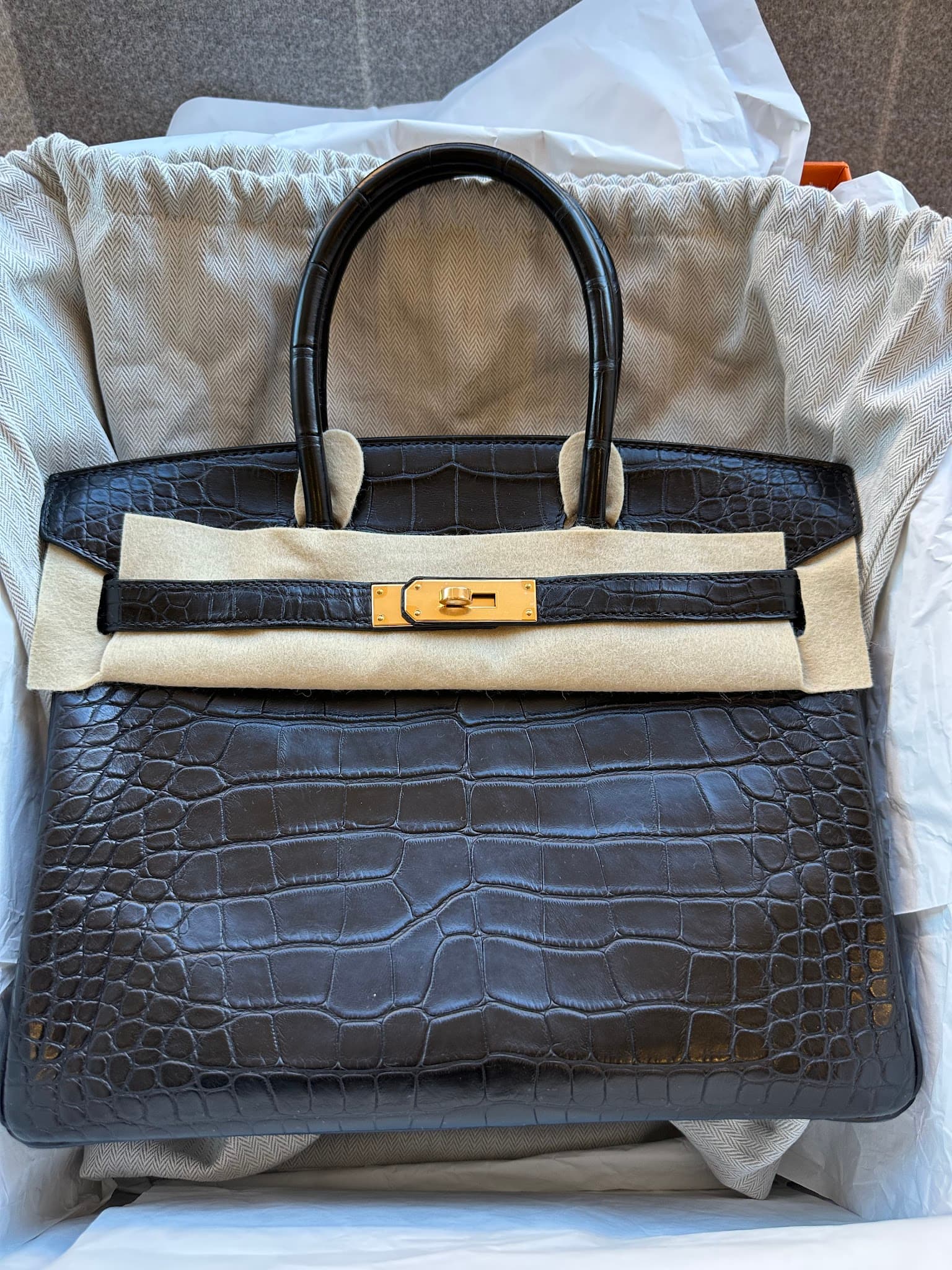 Hermès Birkin 30 in Black Matte Alligator Gold (GHW) hardware — front view